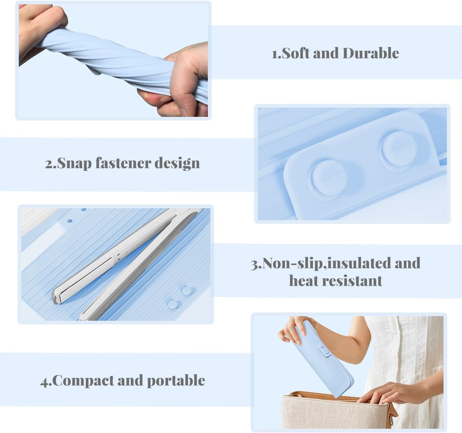 2-in-1 Heat Resistant Silicone Mat Travel Case, Soft Folding Storage Bag with 2 Pockets for Curling Iron, Flat Hair Straightener Non-Slip, Portable Hot Styling Tools Blue