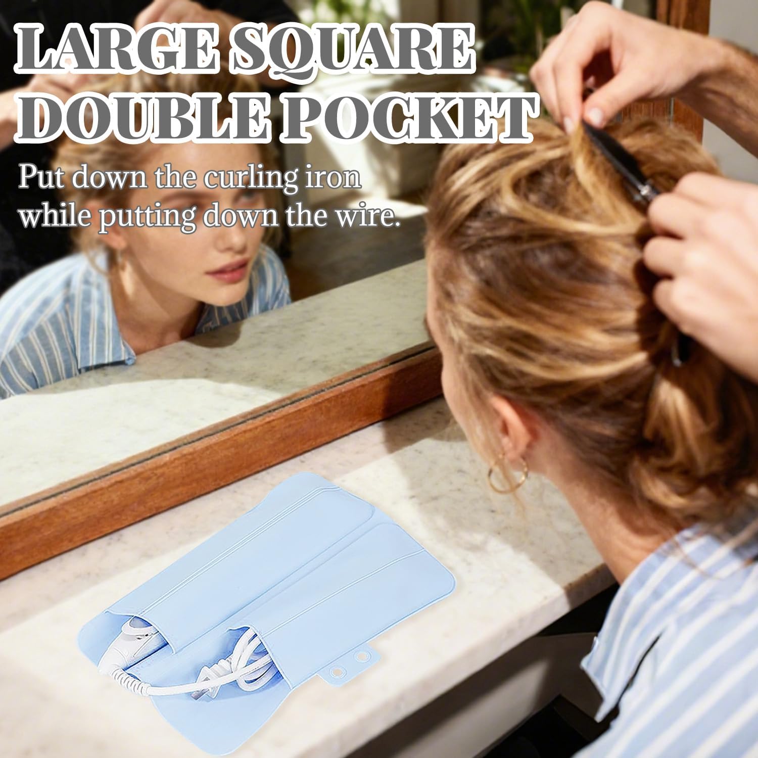 2-in-1 Heat Resistant Silicone Mat Travel Case, Soft Folding Storage Bag with 2 Pockets for Curling Iron, Flat Hair Straightener Non-Slip, Portable Hot Styling Tools Blue