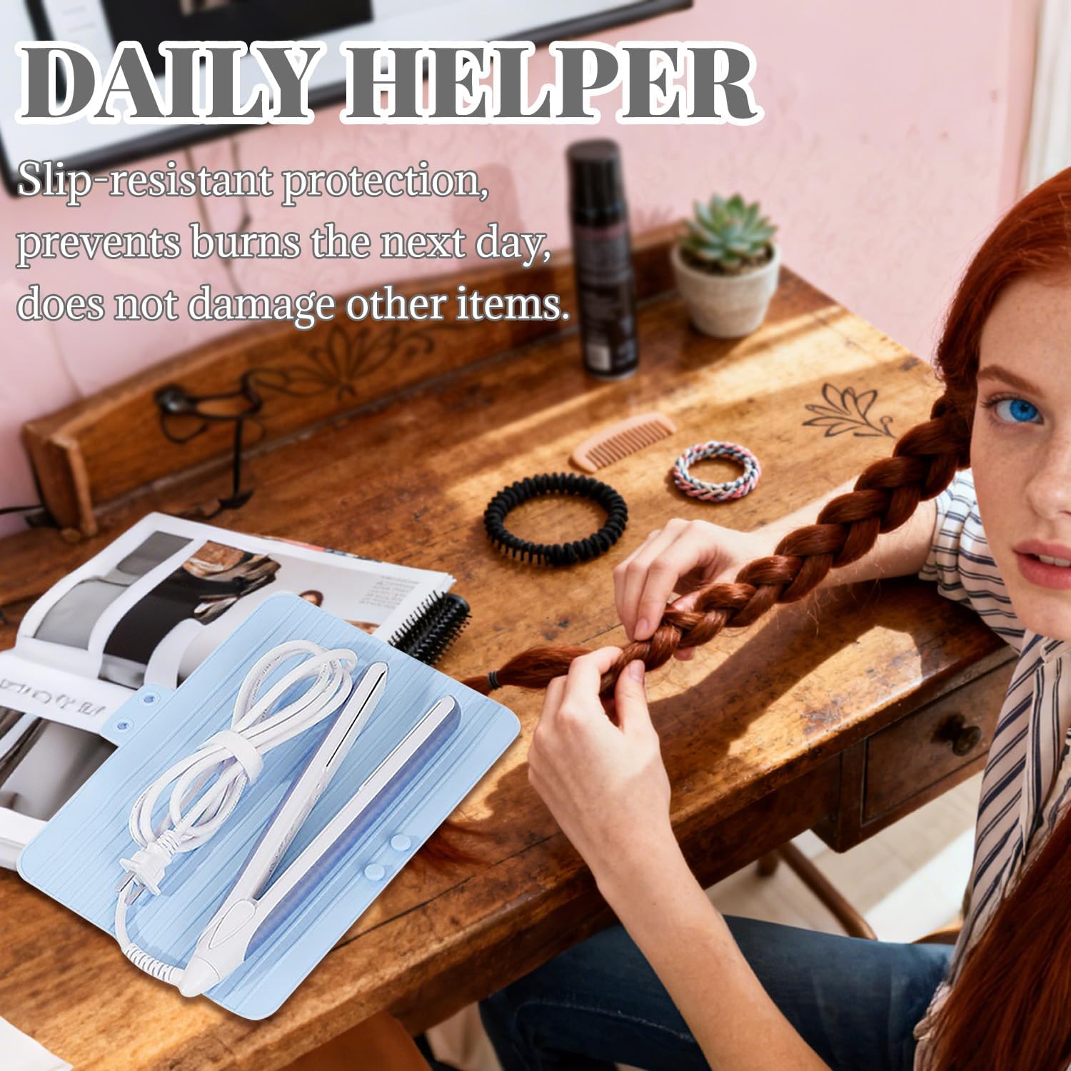2-in-1 Heat Resistant Silicone Mat Travel Case, Soft Folding Storage Bag with 2 Pockets for Curling Iron, Flat Hair Straightener Non-Slip, Portable Hot Styling Tools Blue