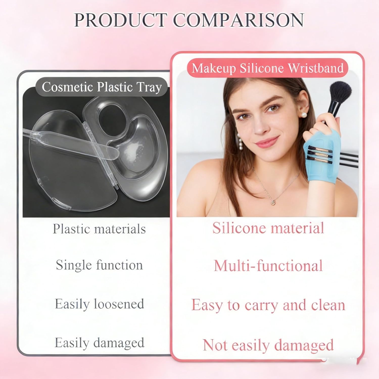 Silicone Makeup Assistant Wristband, Professional Portable Beauty Tool with Brush Holder, Color Mixing Palette & Cleaning Zone, Adjustable Hand Strap for Artists Daily Use Pink