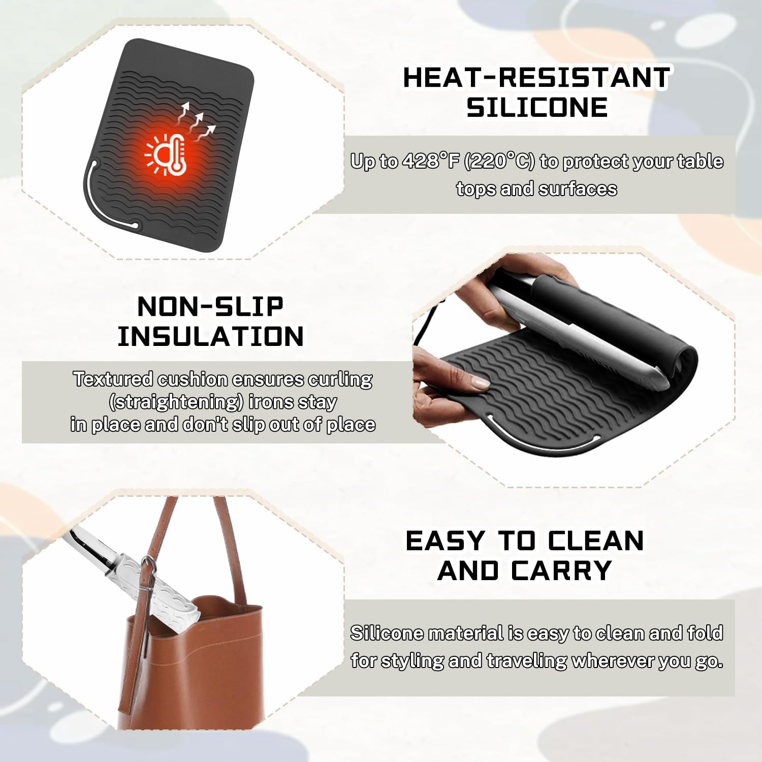 2 Pcs Silicone High Heat Resistant Mat for Hair Styling Tools, Portable Hot Protection Pad Curling Iron, Straighteners, Ideal Home, Makeup, Travel & Salon Use 8.46*6.3IN, Black+White