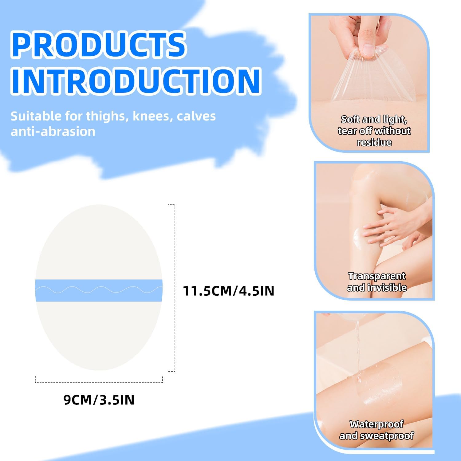 10 Pcs PU Transparent Anti-Chafing Thigh Patches, Waterproof Film Invisible Adhesive Sticker for Thigh, Knee, Heel Protection, Skin-Friendly Tape 4.5 x 3.5 in, Oval