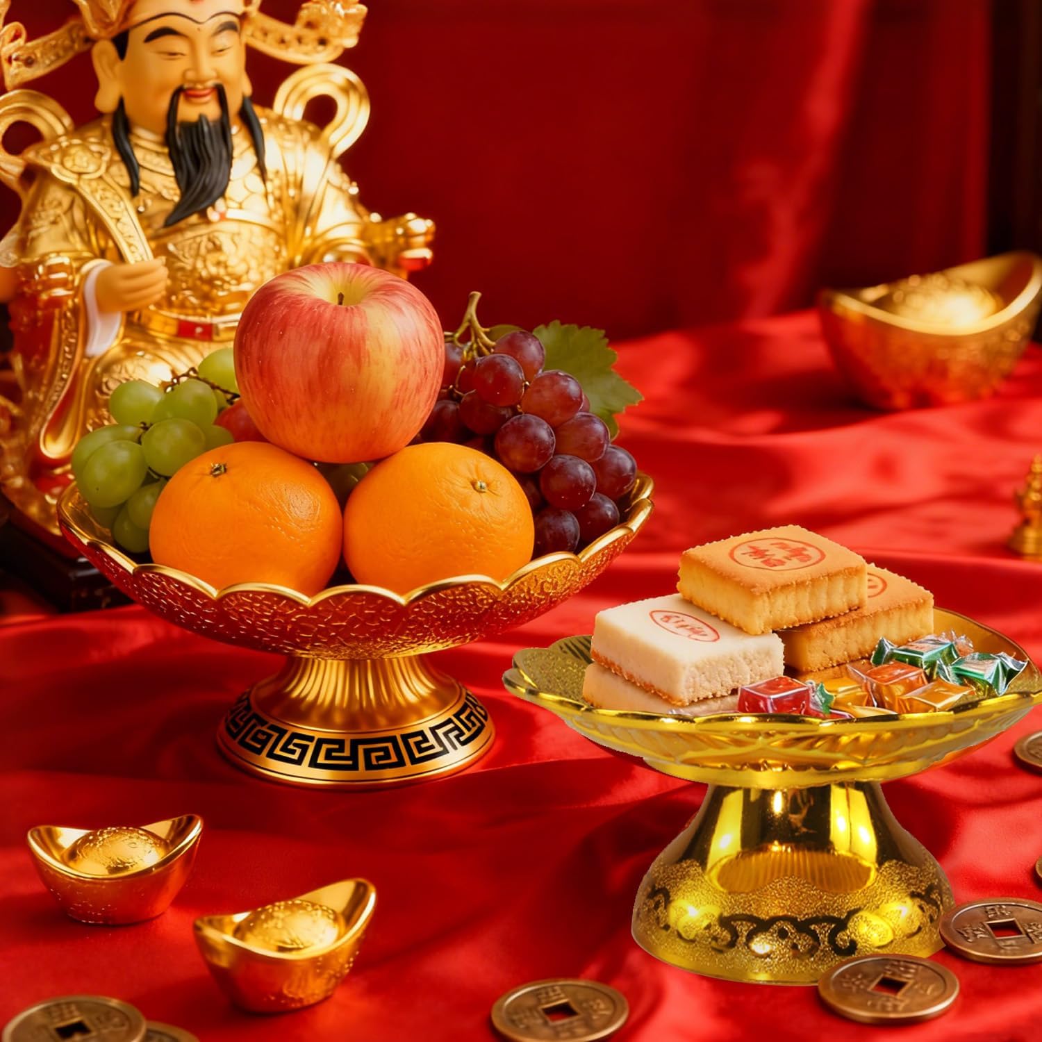 Buddhist Offering Plate Tray base with Golden Lotus Design - Serving for Fruit Offering, Home Dining,Temple Rituals 2-Pack Base 2PCS Base
