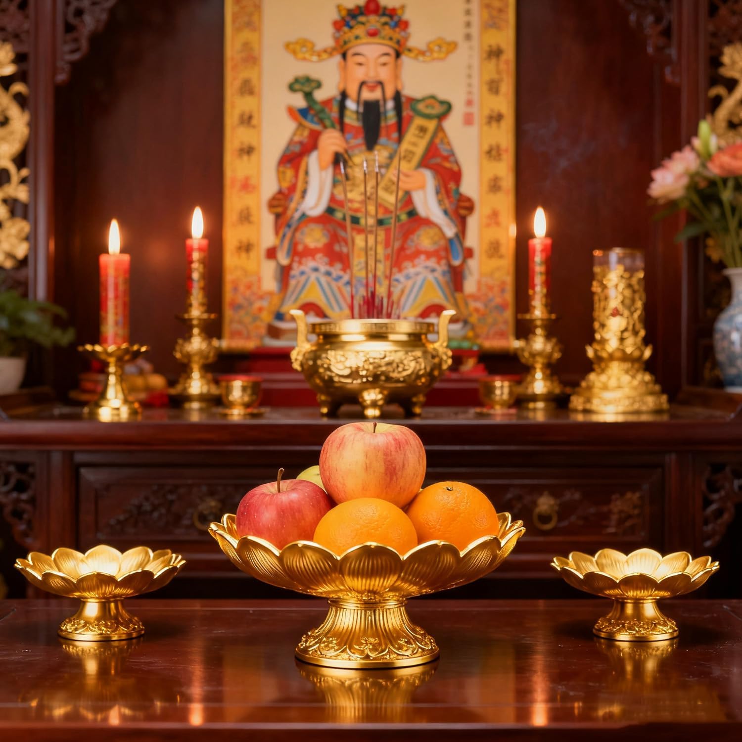 Buddhist Offering Plate Tray base with Golden Lotus Design - Serving for Fruit Offering, Home Dining,Temple Rituals 2-Pack Base 2PCS Base