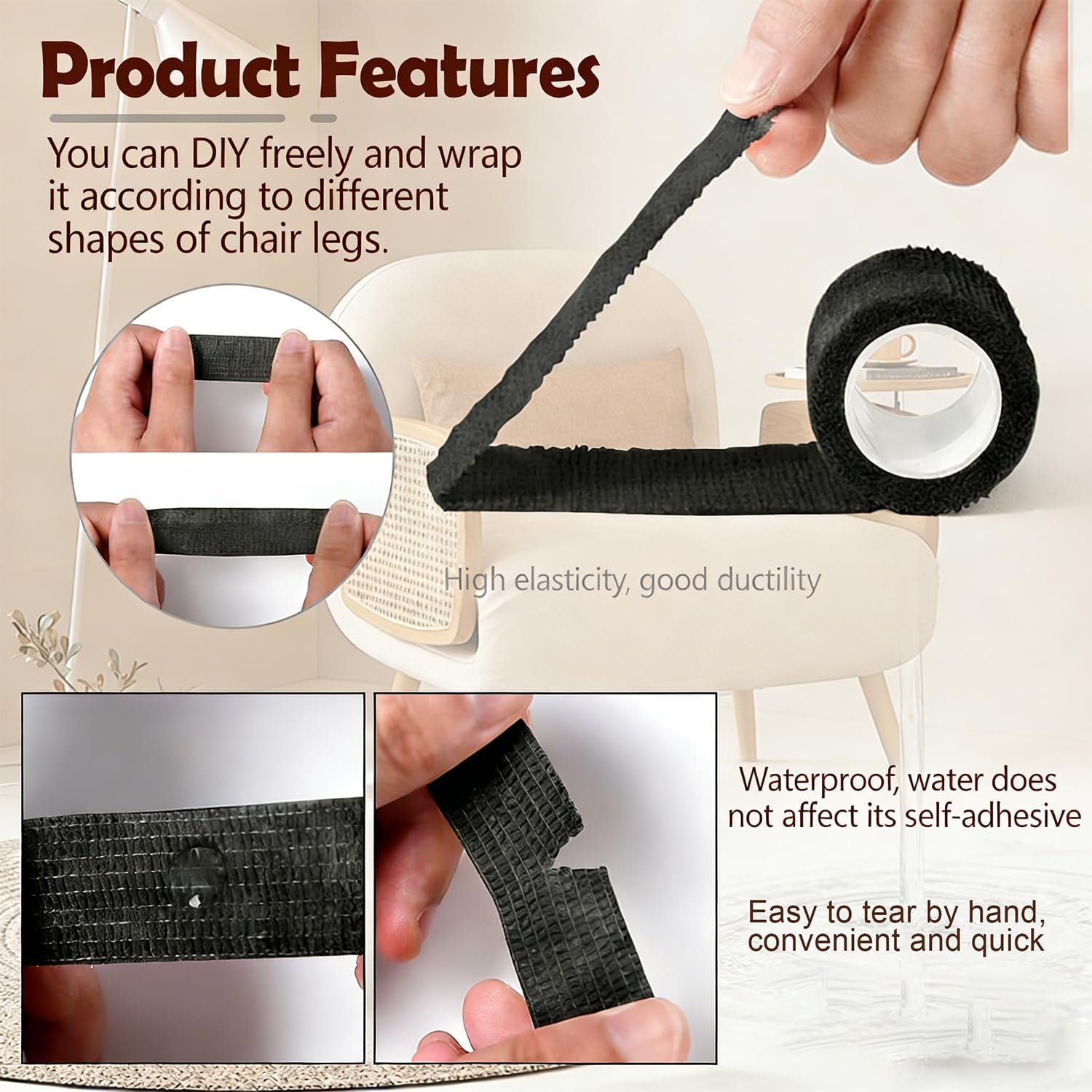 6 Rolls Floor Protector Pads for Chair Legs, Self-Adhesive Anti-Slip Furniture Tape 1" x 177", Non-Woven Wrap Hardwood Floors, Tables, Chairs, Sofas & All Legs Skin Tone 177",Skin Tone