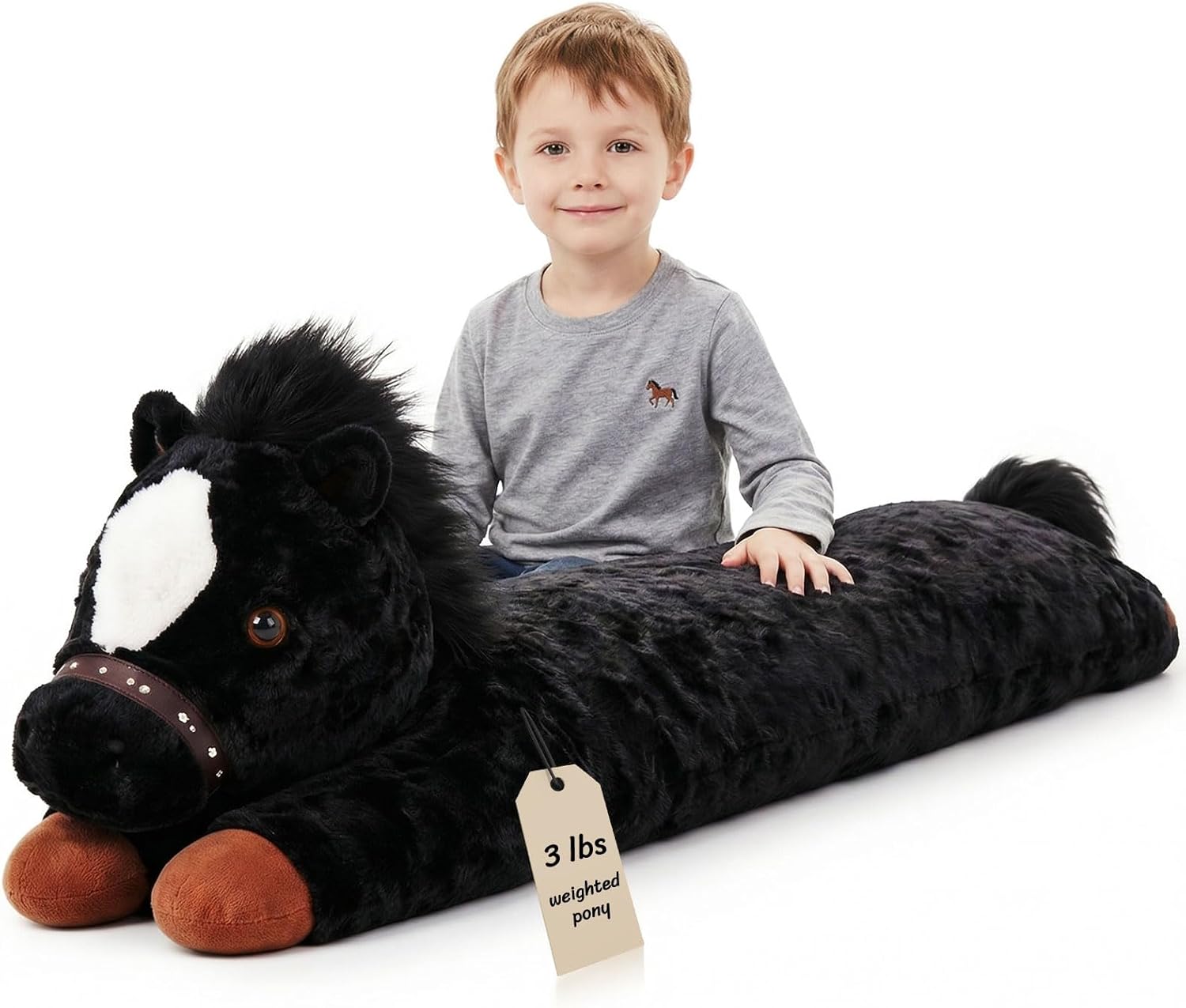47 Inches Giant Horse Stuffed Animal Weighted Oversized Black Plush Toys Soft Hugging Pillow Bedroom Decor Backrest for Accent Chairs Birthday Gift Kids Boys Girls Adults