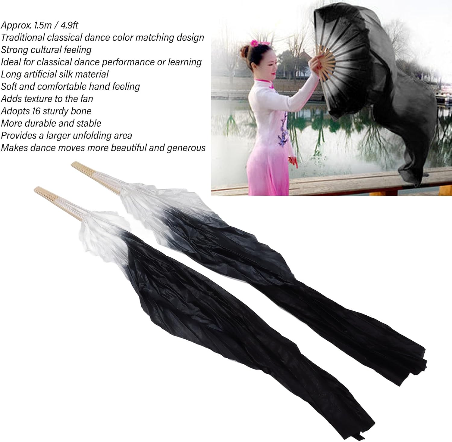 Dance Fan, 1 Pair Long Fan Belly Fans Folding Performance Classical Black