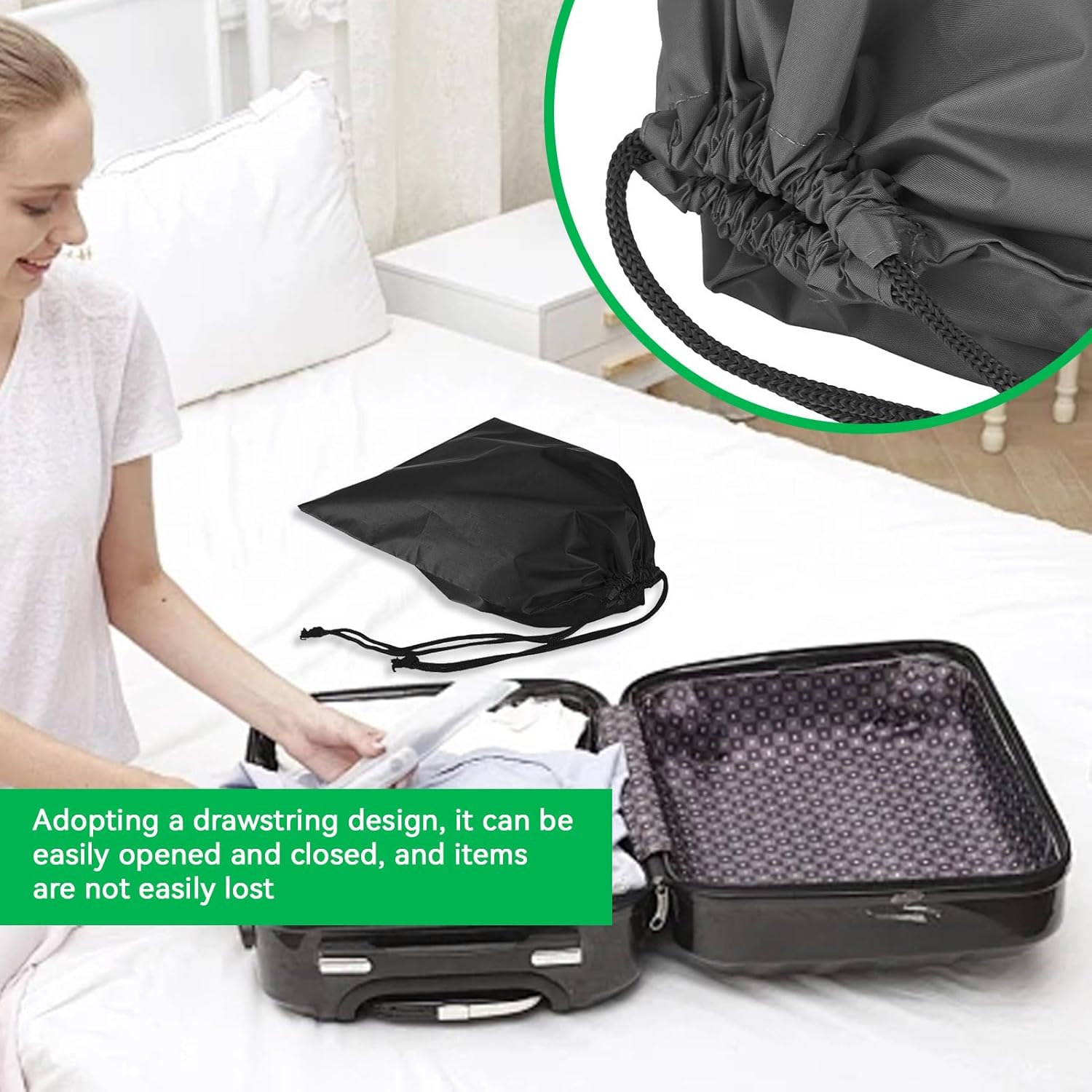 Nylon Drawstring Shoe Bag, 3PCS Bags for Travelling Dustproof Waterproof Travel Bag Underwear Shoes Pants Storage Black