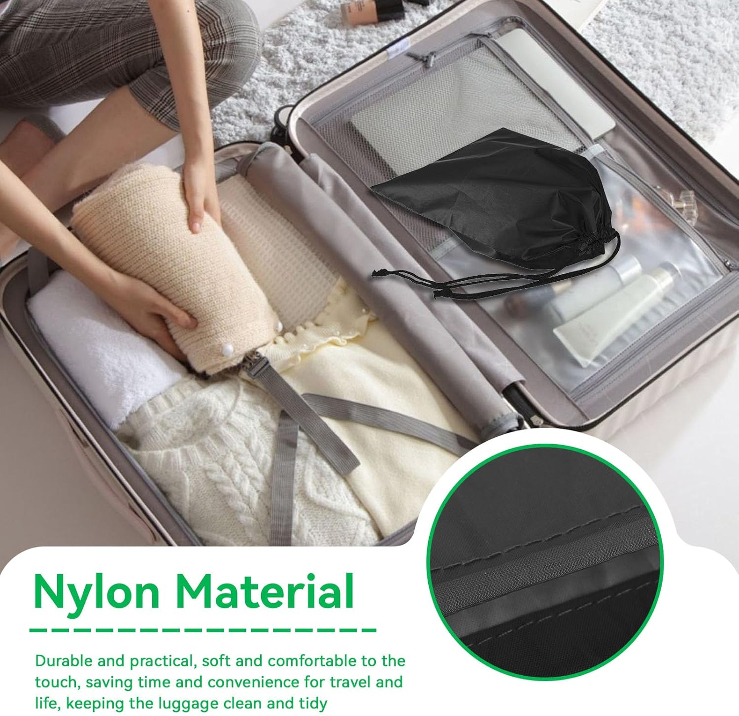 Nylon Drawstring Shoe Bag, 3PCS Bags for Travelling Dustproof Waterproof Travel Bag Underwear Shoes Pants Storage Black