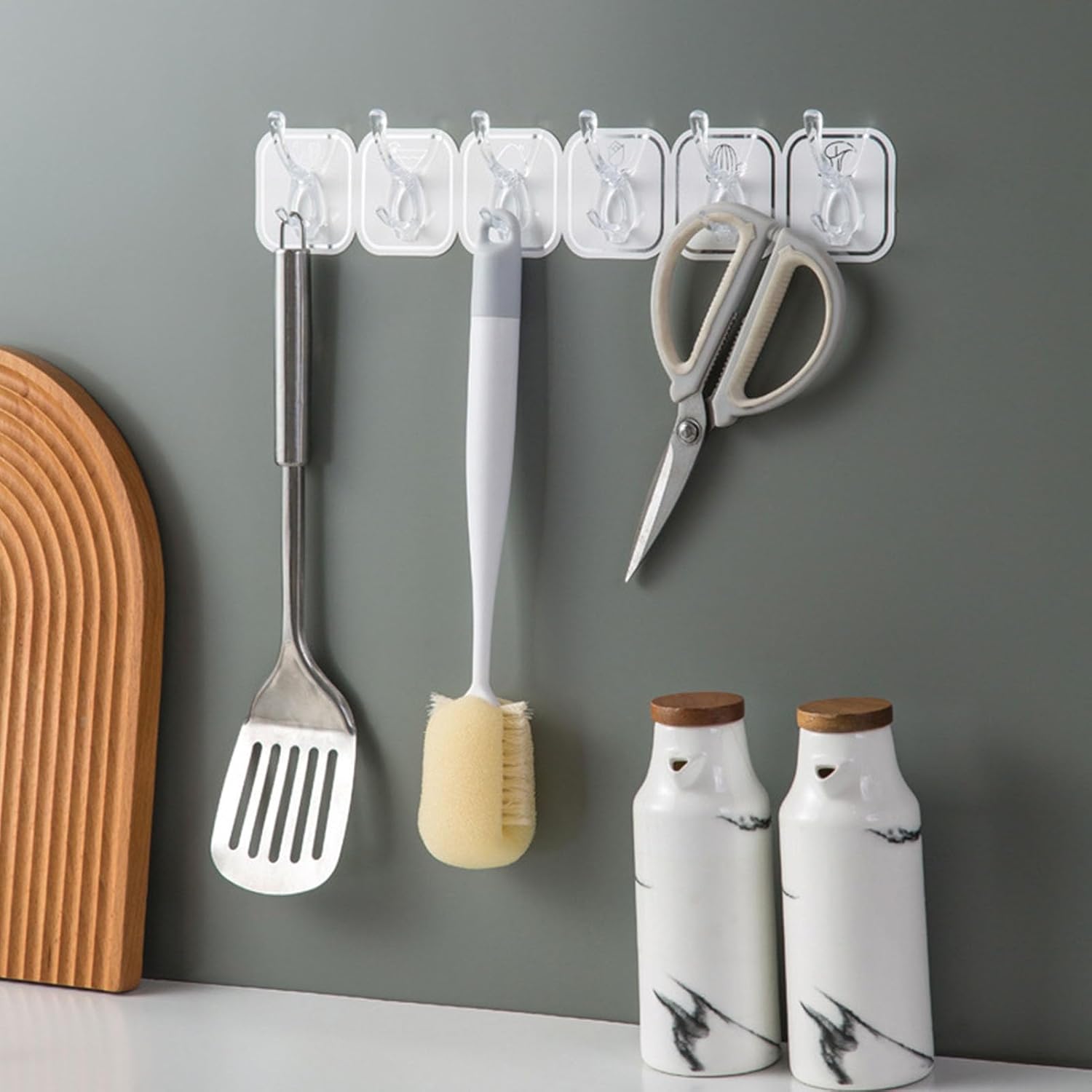 6Pcs Acrylic Wall Mounted Necklaces Organizer,6 Hooks Jewelry Stand Organizer,No Drilling Hanging Hook Strong Bearing Capacity for Kitchen Bathroom White