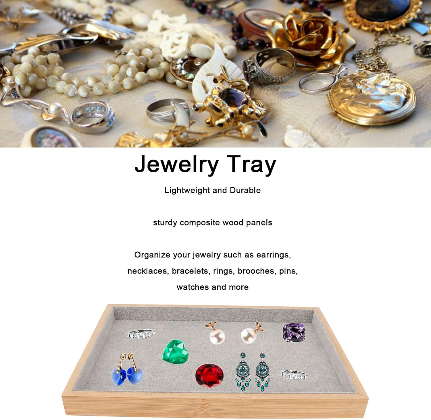 Velvet Stackable Jewelry Tray, Wood Flat Organizer Tray Drawer for Necklace Bracelet Ring Showcase Display Grey