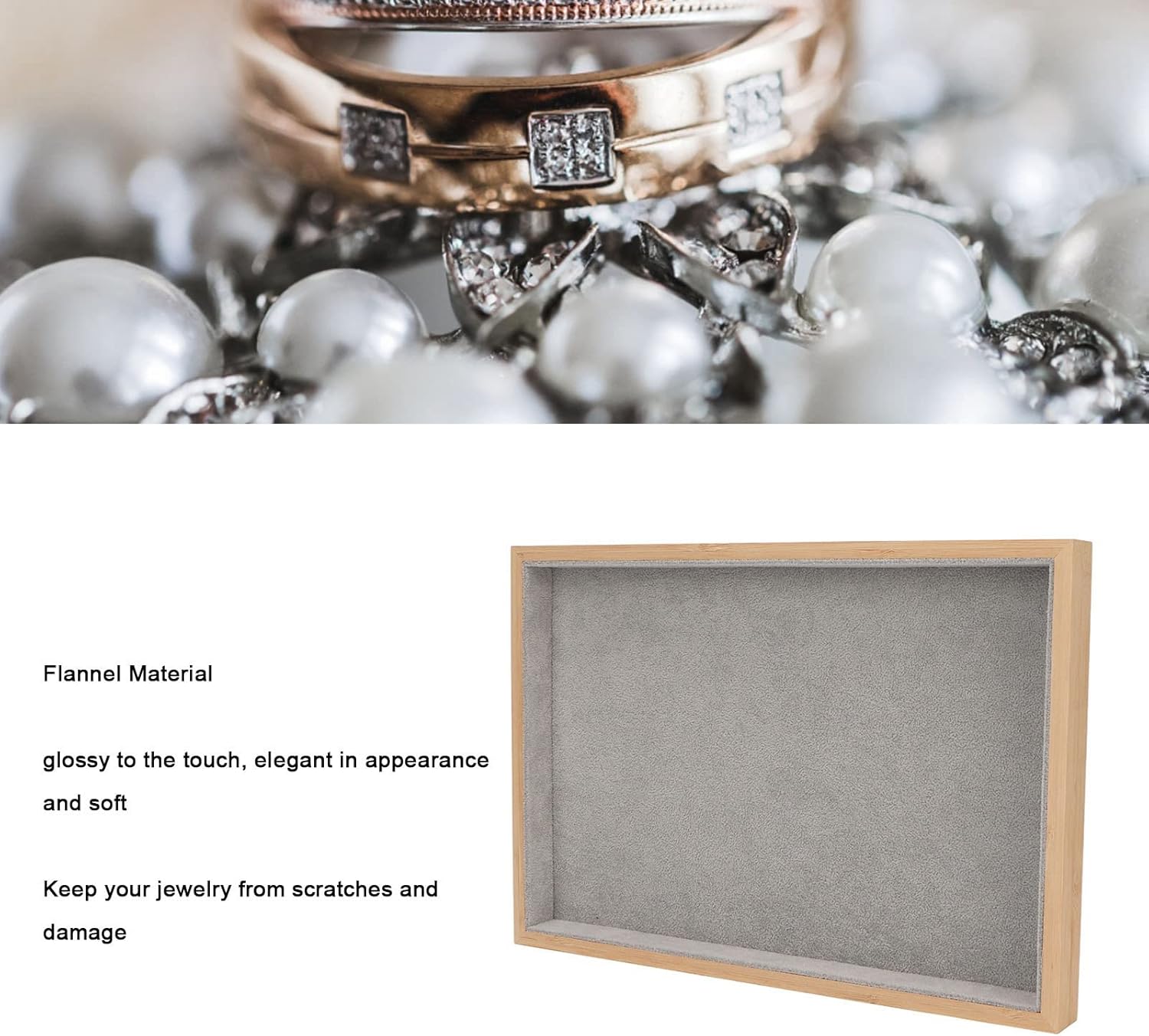 Velvet Stackable Jewelry Tray, Wood Flat Organizer Tray Drawer for Necklace Bracelet Ring Showcase Display Grey