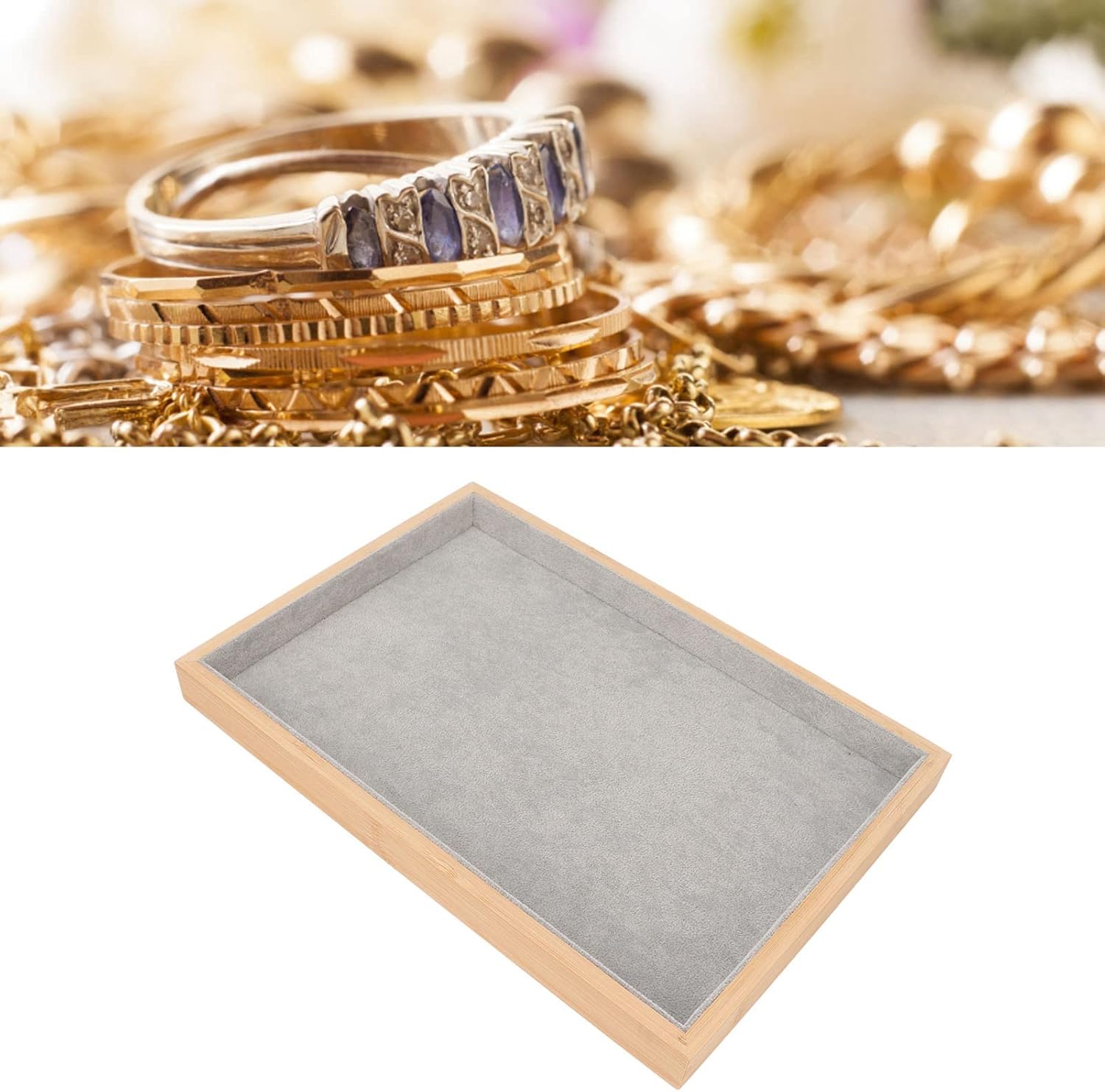 Velvet Stackable Jewelry Tray, Wood Flat Organizer Tray Drawer for Necklace Bracelet Ring Showcase Display Grey