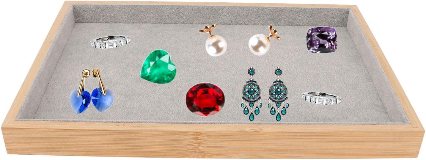 Velvet Stackable Jewelry Tray, Wood Flat Organizer Tray Drawer for Necklace Bracelet Ring Showcase Display Grey
