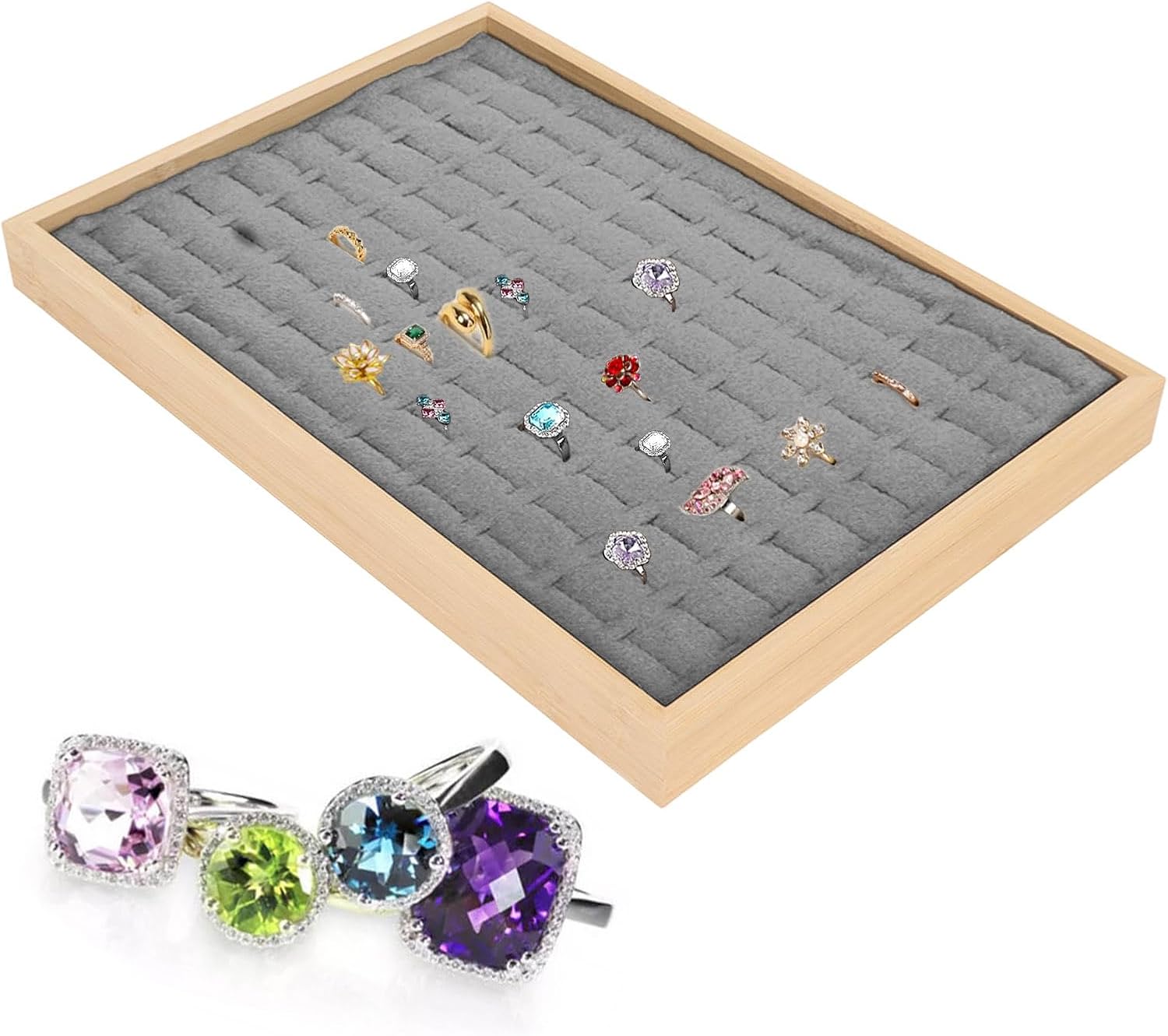 Rings Organizer Tray, 100 Slots Ring Earrings Trays Velvet Jewelry Display Tray Earring Storage Box rawer for Women Girls grey