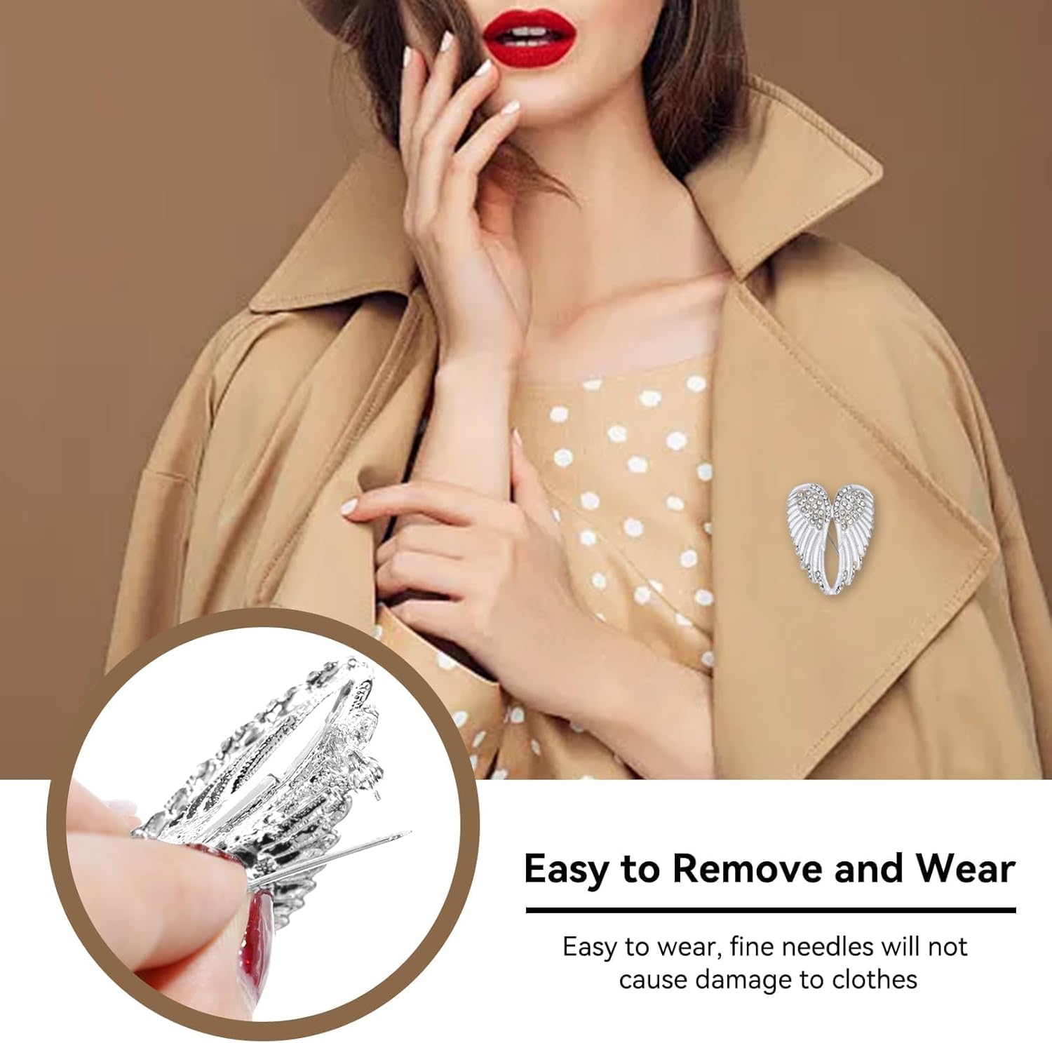4pcs Women's Guardian Angel Wing Brooch Pins, Rhinestones Pin Set Cardigan Collar Clips Dress Shirt for Women Girls Men White