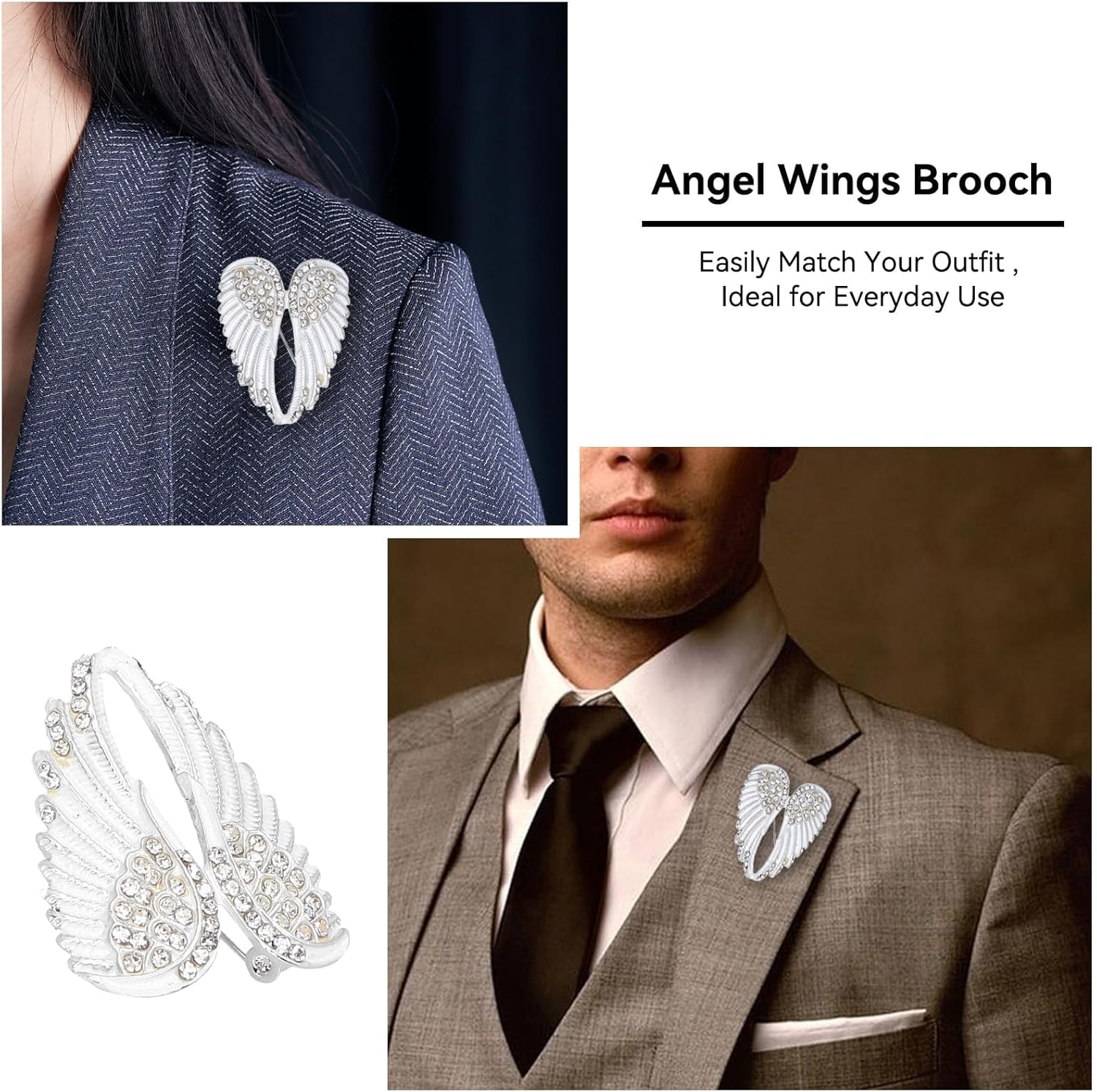 4pcs Women's Guardian Angel Wing Brooch Pins, Rhinestones Pin Set Cardigan Collar Clips Dress Shirt for Women Girls Men White