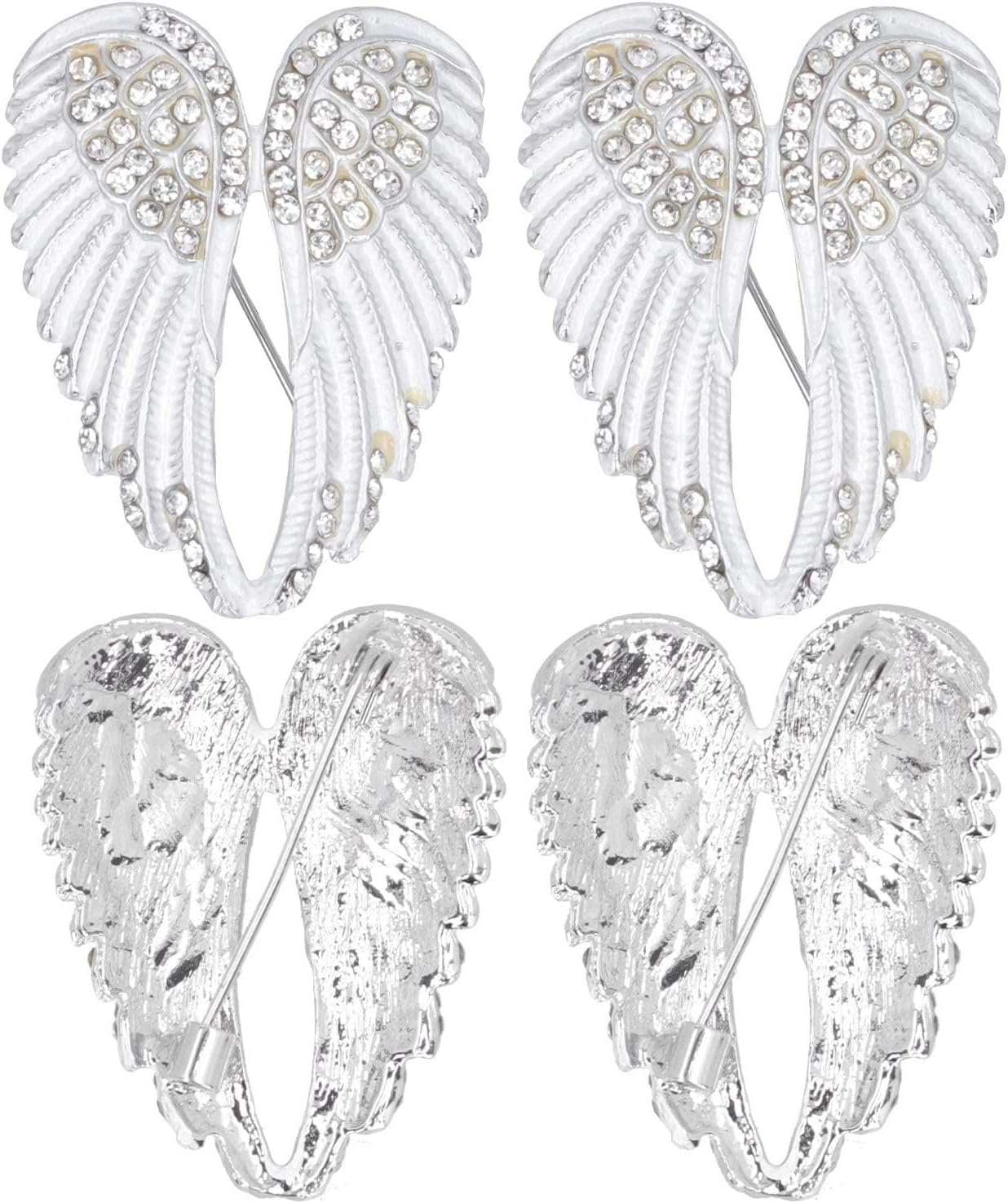 4pcs Women's Guardian Angel Wing Brooch Pins, Rhinestones Pin Set Cardigan Collar Clips Dress Shirt for Women Girls Men White