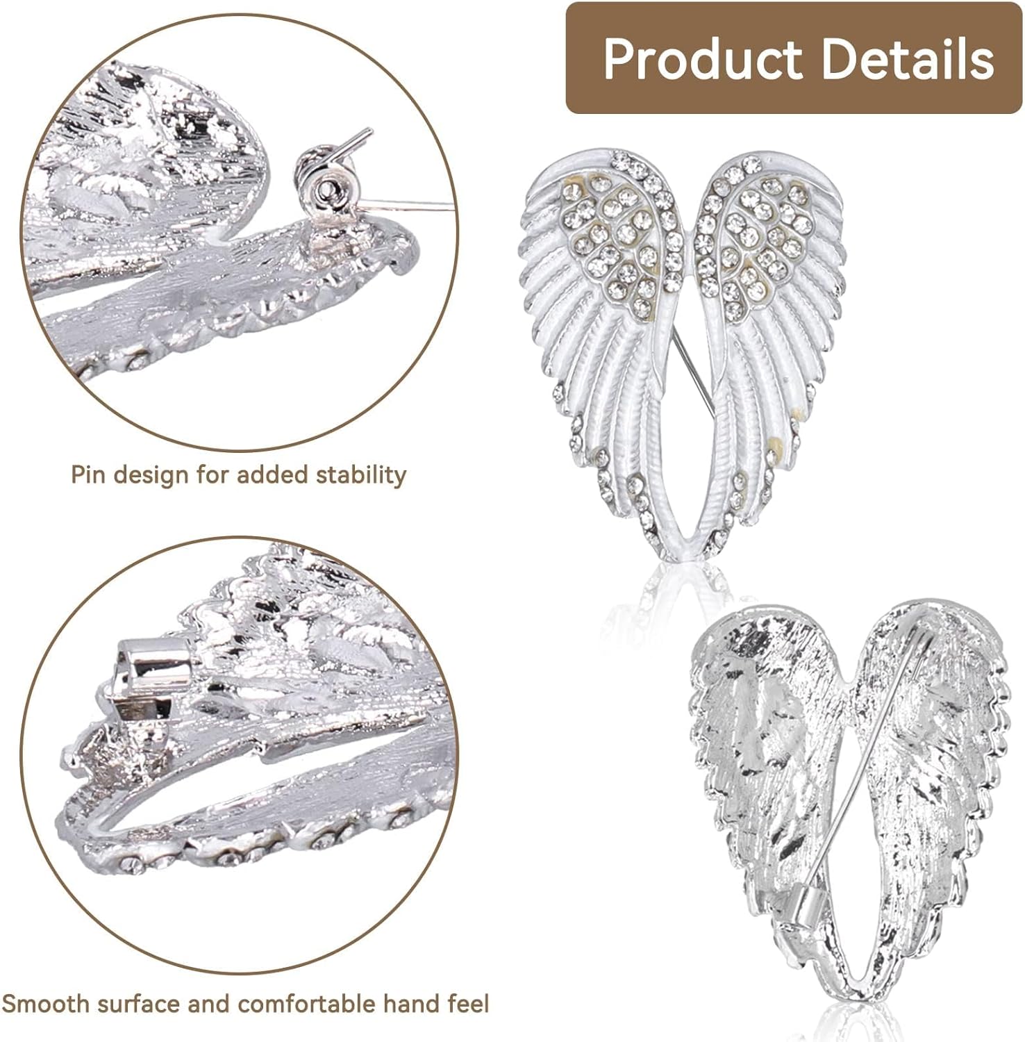 4pcs Women's Guardian Angel Wing Brooch Pins, Rhinestones Pin Set Cardigan Collar Clips Dress Shirt for Women Girls Men White