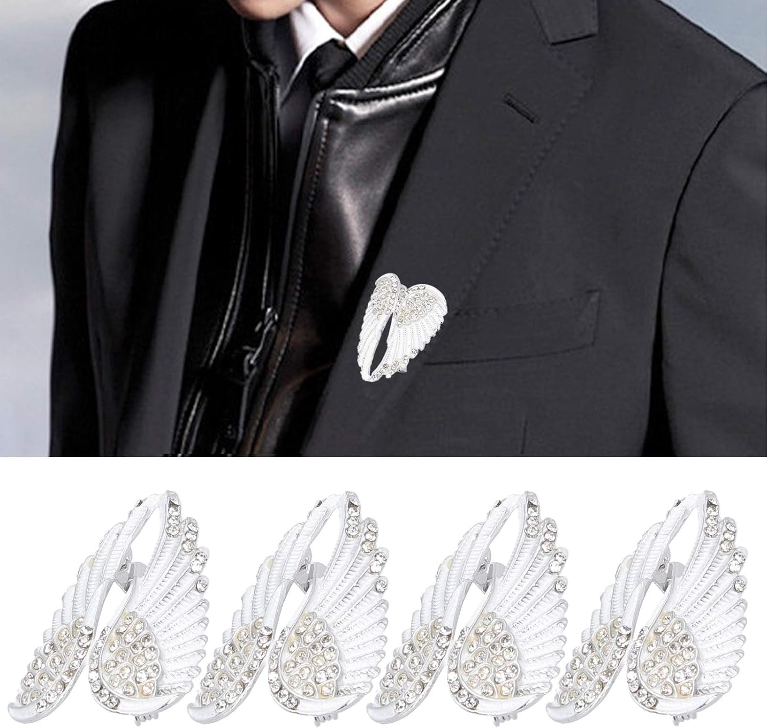 4pcs Women's Guardian Angel Wing Brooch Pins, Rhinestones Pin Set Cardigan Collar Clips Dress Shirt for Women Girls Men White