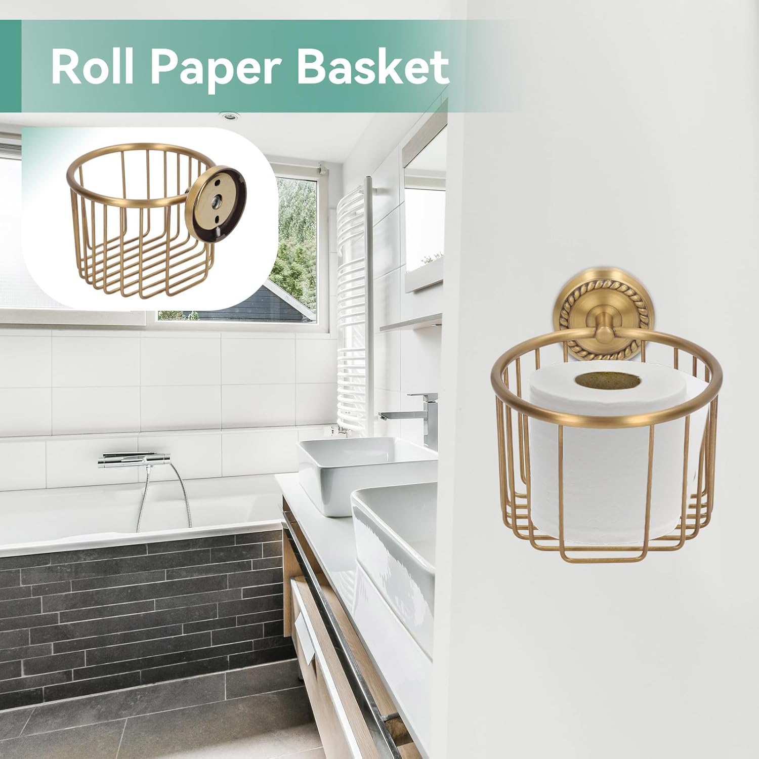 Brass Toilet Paper Holder, Wall Mounted Holder Vintage Bathroom Roll Basket Antique Tissue Storage for