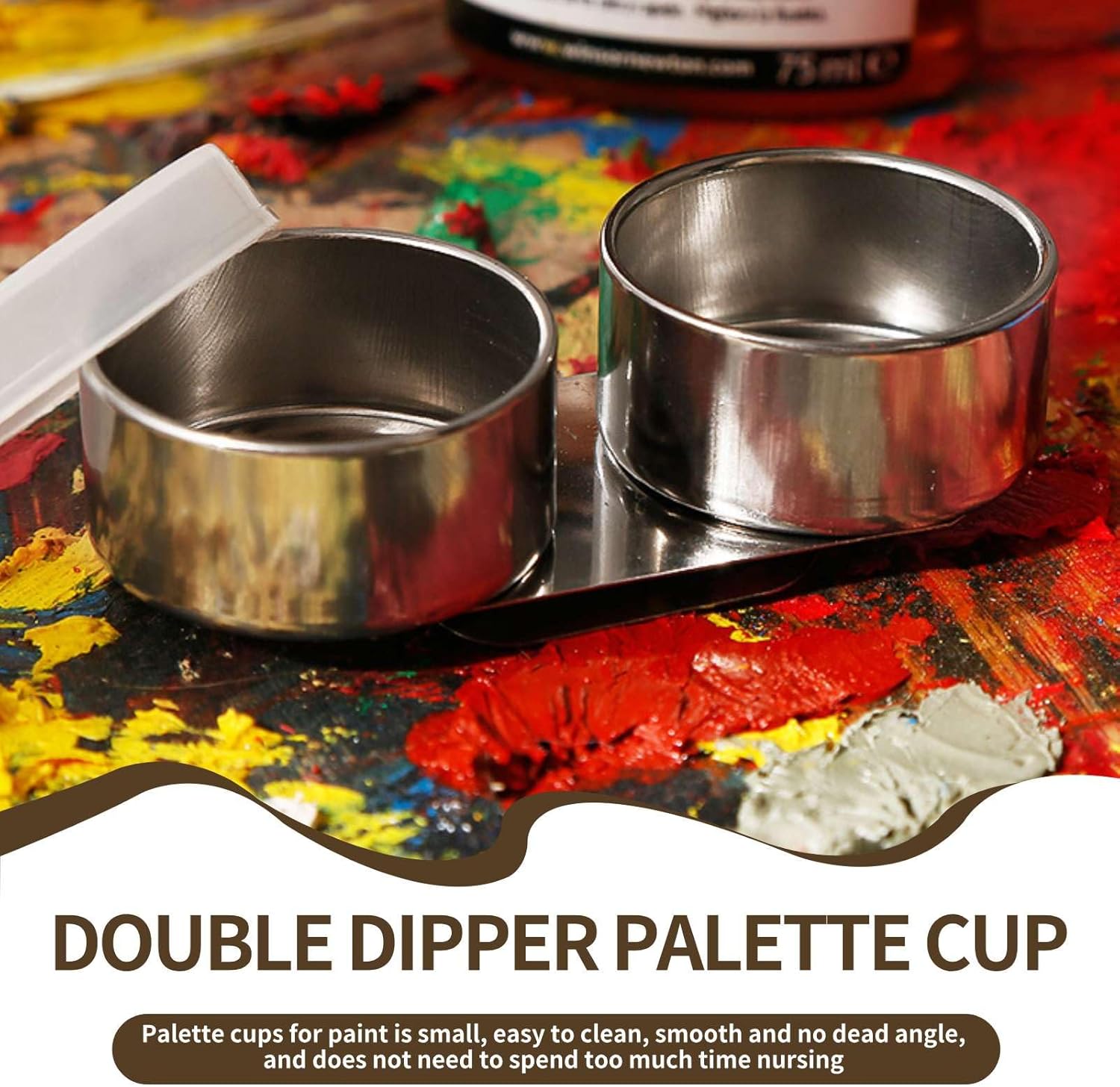 Double Dipper Palette Cup, Stainless Steel Oil Painting Cup with Lid and Clip for Watercolor Gouache Acrylic