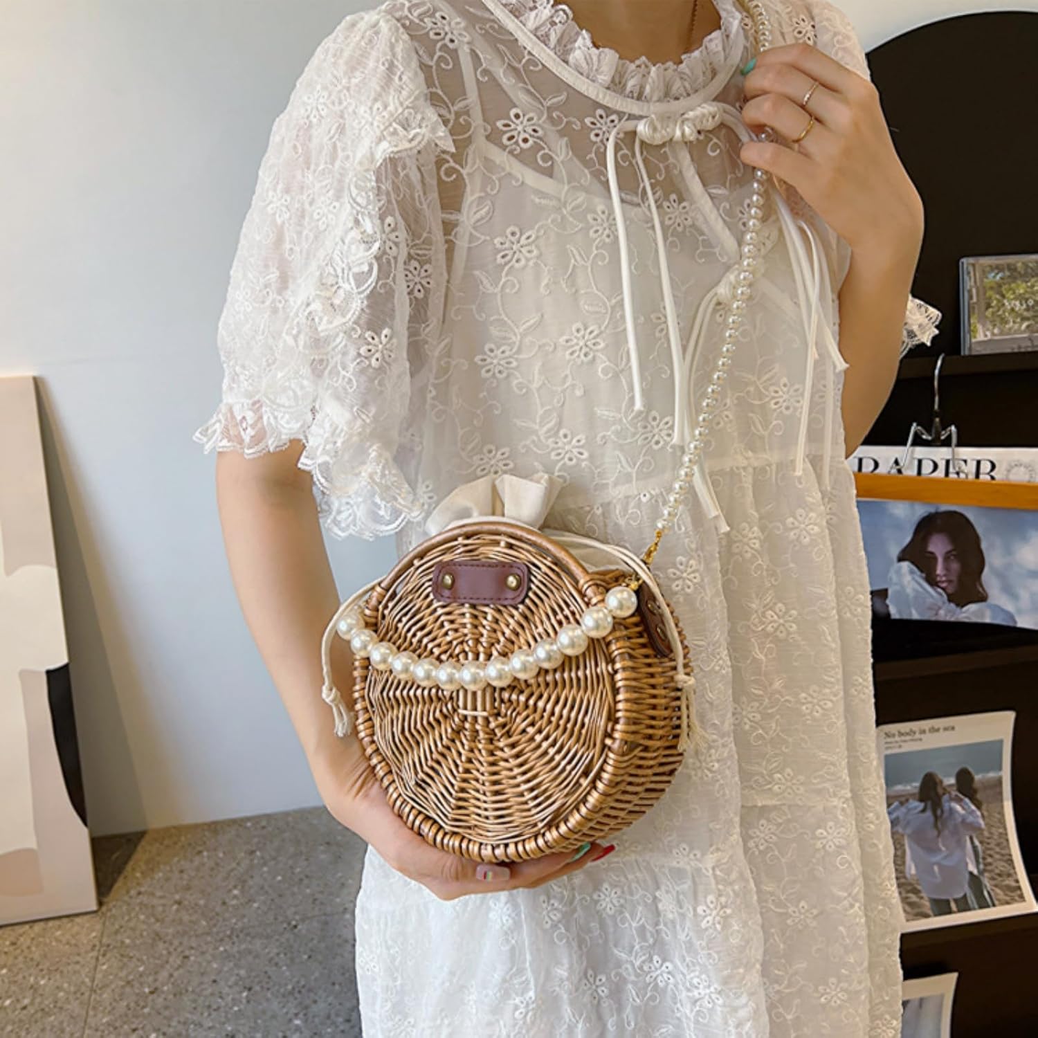 Round Rattan Bag, 8" Hand-woven Wicker Basket Purse, Boho Crossbody Handbag With Pearl Strap Handle, Retro Summer Beach Straw Tote Clutch for Women