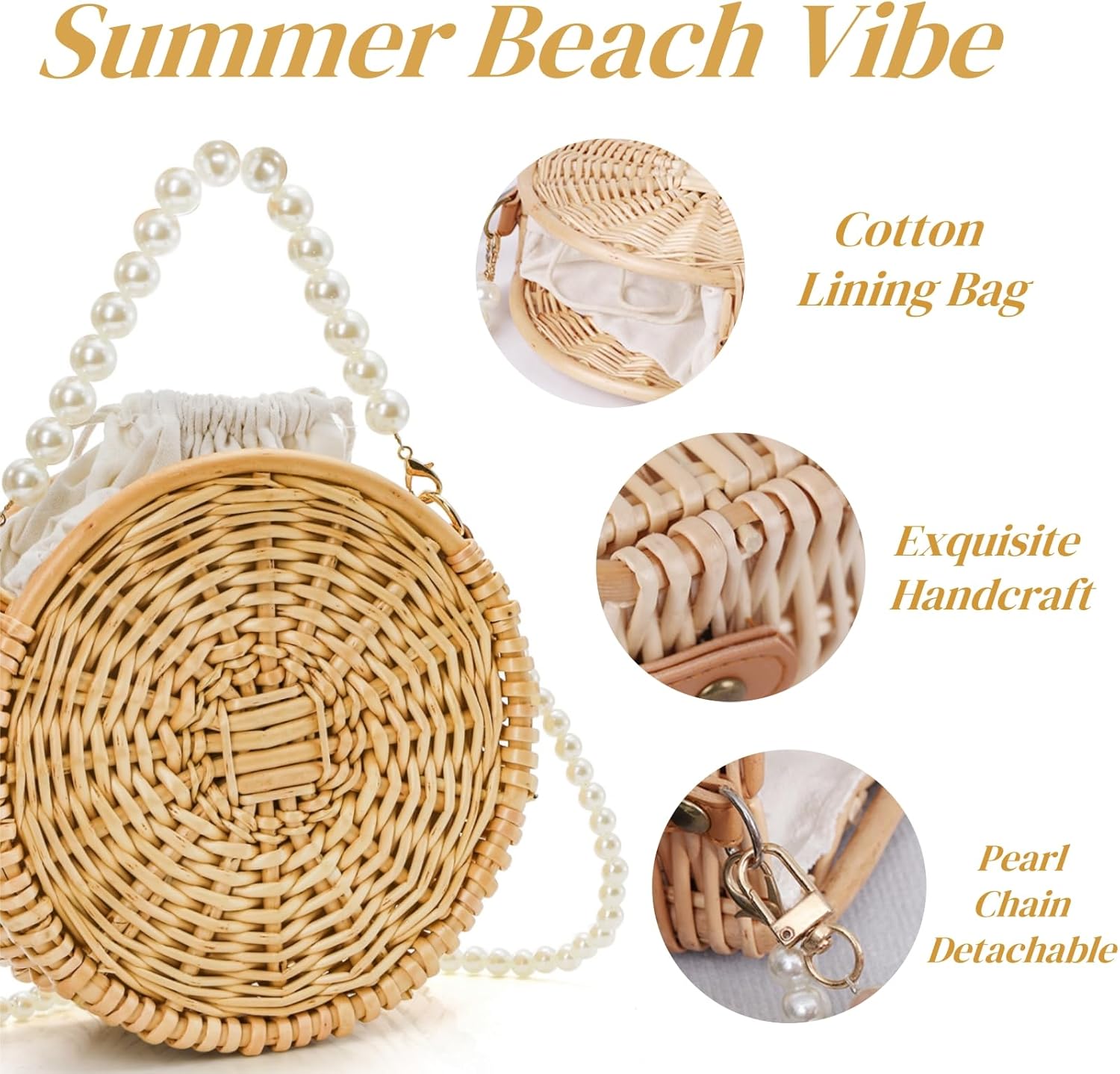 Round Rattan Bag, 8" Hand-woven Wicker Basket Purse, Boho Crossbody Handbag With Pearl Strap Handle, Retro Summer Beach Straw Tote Clutch for Women