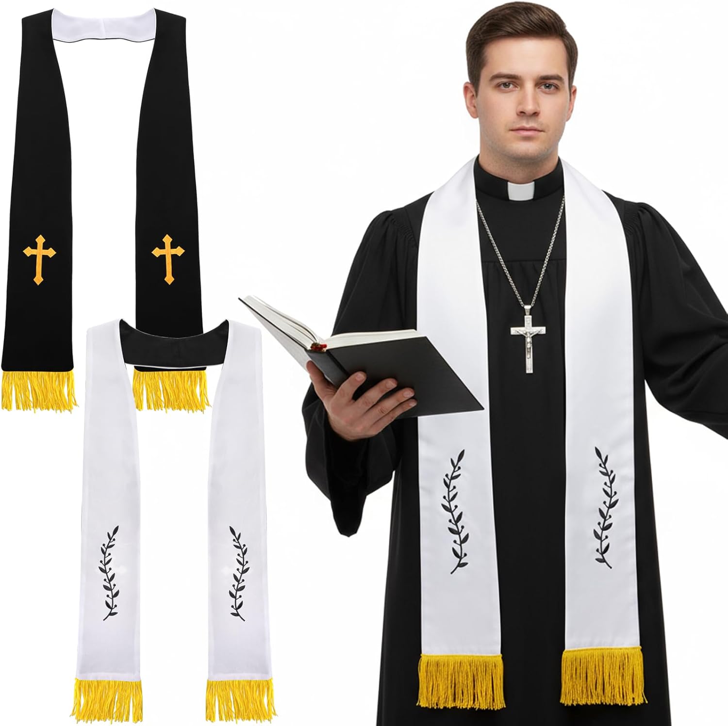 1 Pack Wedding Reversible Stole with Tassels, 75 Inch Clergy Mass Stoles Cross, White Embroidered Priest Sash Stole, Pastor Shawl for Officiant Robe Cassock