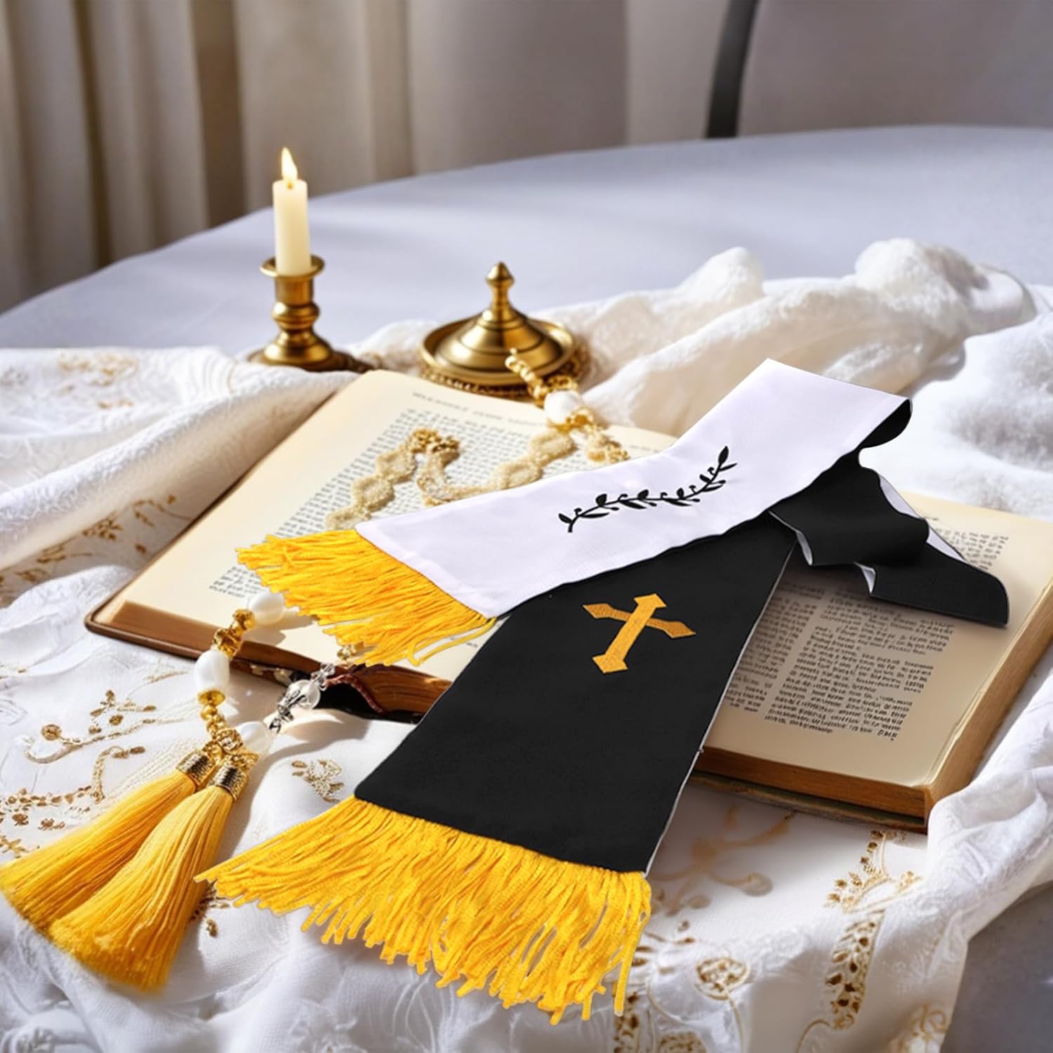 1 Pack Wedding Reversible Stole with Tassels, 75 Inch Clergy Mass Stoles Cross, White Embroidered Priest Sash Stole, Pastor Shawl for Officiant Robe Cassock