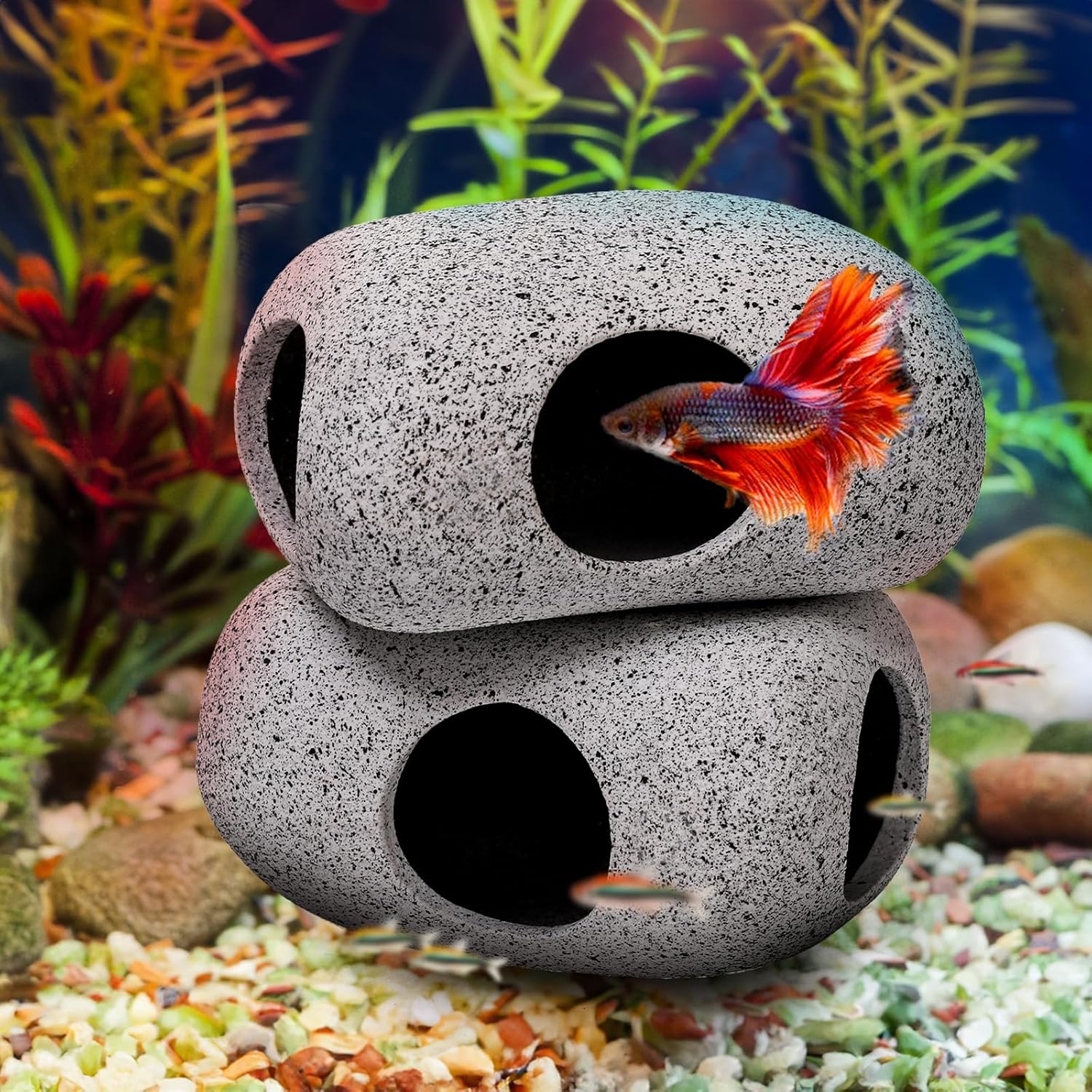 6 Pack Aquarium Decoration Rock Caves, Betta Fish Tank Hideaway, Hideout Stones House Decor for Cichlid Shrimp Territorial Hiding Breeding Spawning, Ornaments