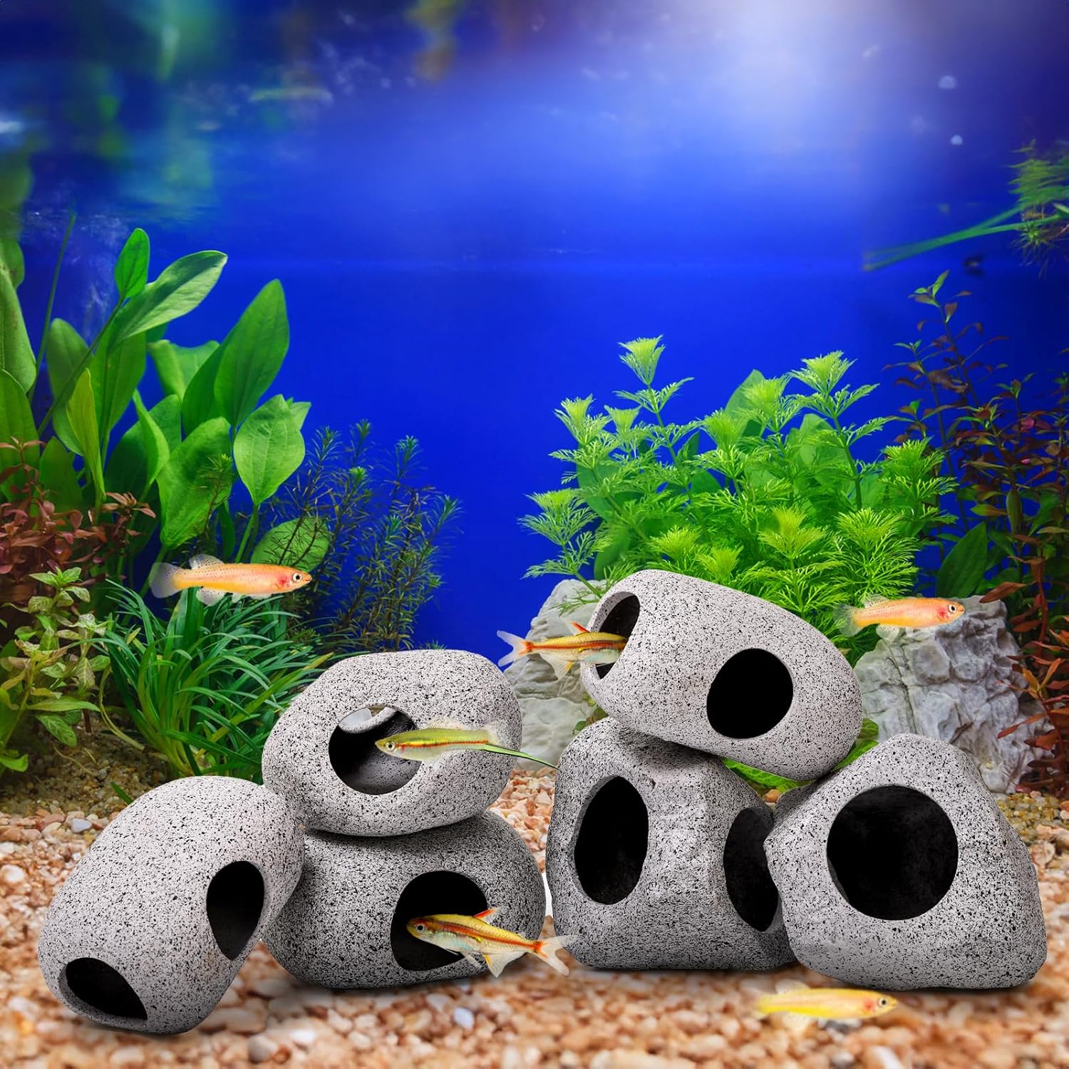 6 Pack Aquarium Decoration Rock Caves, Betta Fish Tank Hideaway, Hideout Stones House Decor for Cichlid Shrimp Territorial Hiding Breeding Spawning, Ornaments