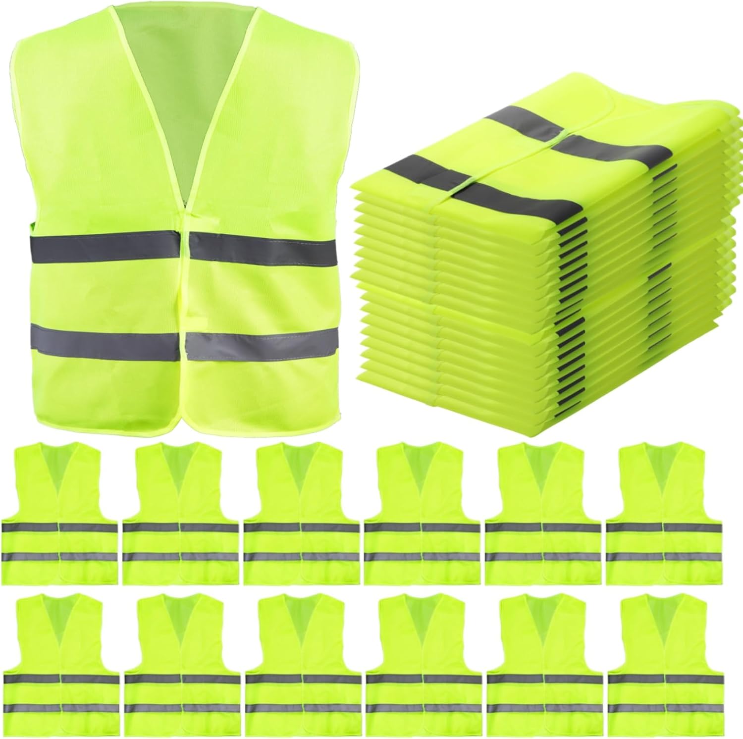 12 Pack High Visibility Safety Vests, Mesh Security Vest with 2 Reflective Silver Strips, Construction Work Bulk for Men Women Traffic Emergency Running Cycling, Fluorescent Green