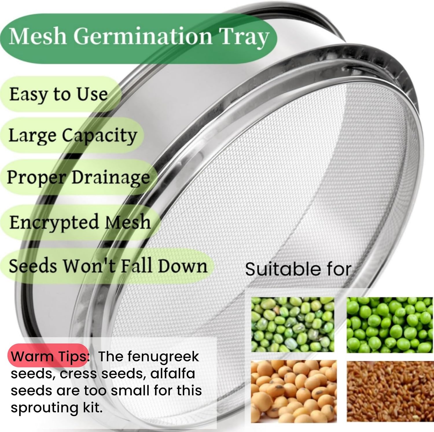 9" Stackable Stainless Steel Seed Sprouting Kit, 3-Tier Mesh Germination Tray, Sprout Grower with Lid Base, Microgreens Propagator for Beans Peas Broccoli Wheat Grass, Soil Free