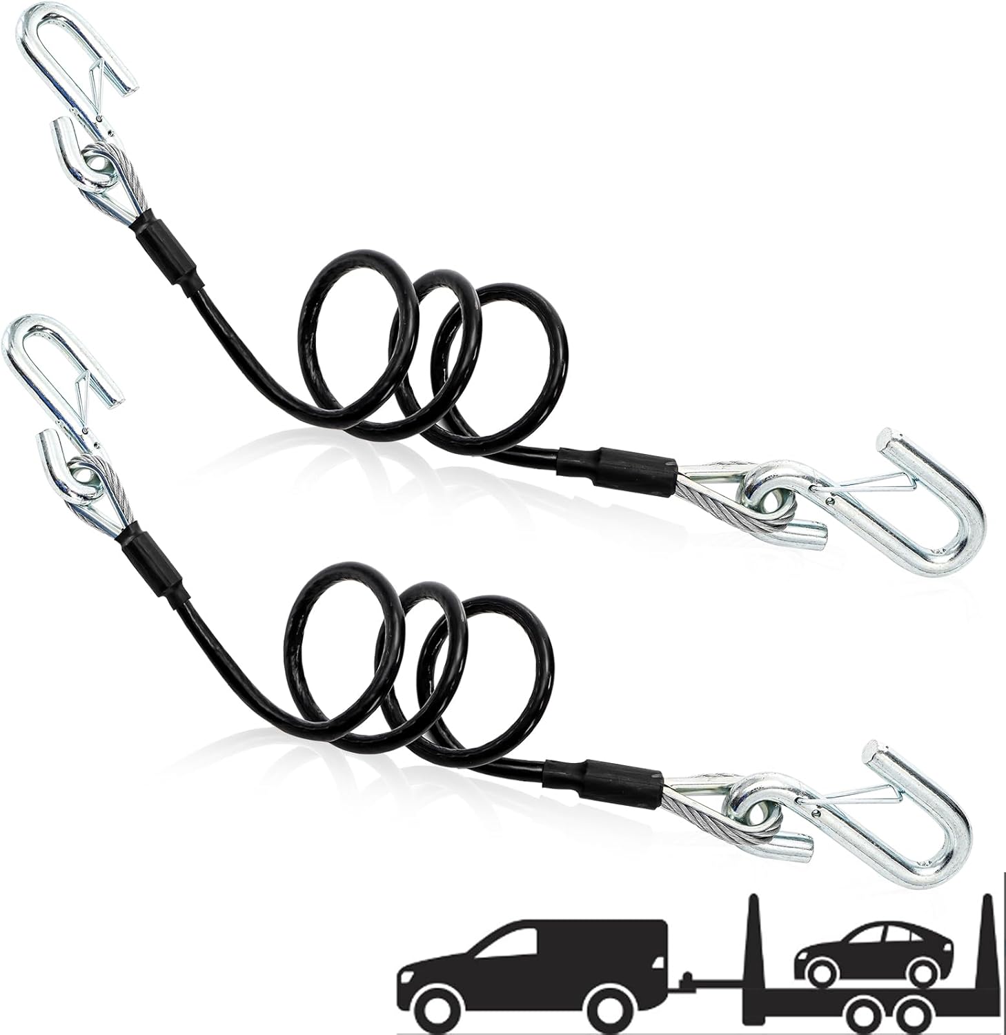 2 Packs 44-1/2'' Trailer Safety Cables, Vinyl-Coated Coiled Towing Chain, 7/16'' Snap Hooks with Latch for Boat, 5,000 lbs Break Strength