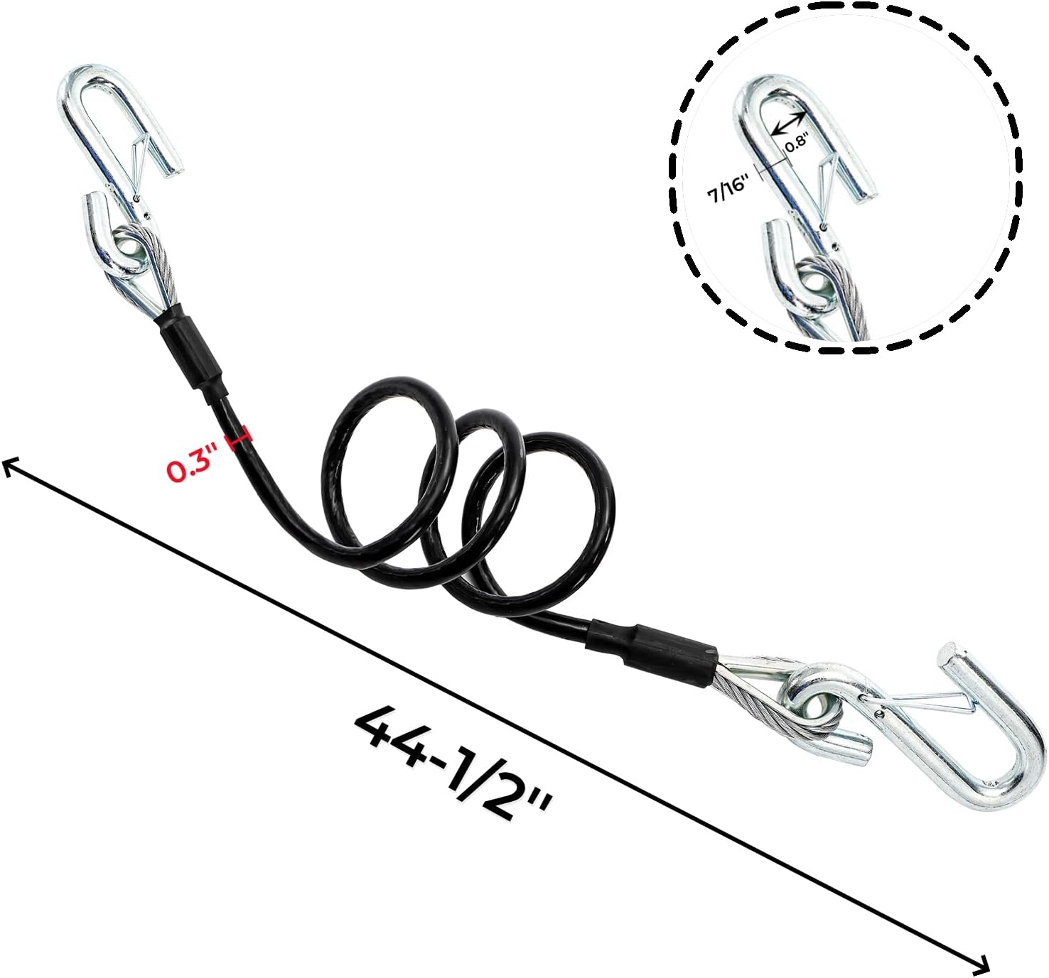 2 Packs 44-1/2'' Trailer Safety Cables, Vinyl-Coated Coiled Towing Chain, 7/16'' Snap Hooks with Latch for Boat, 5,000 lbs Break Strength