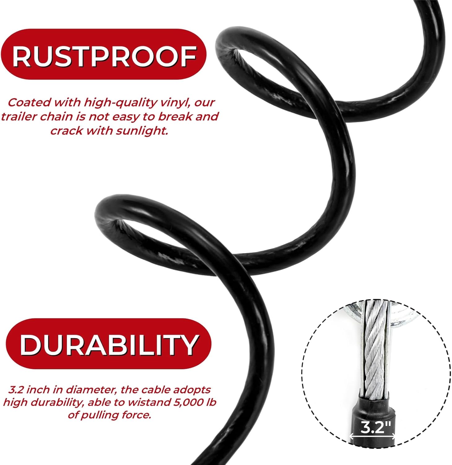 2 Packs 44-1/2'' Trailer Safety Cables, Vinyl-Coated Coiled Towing Chain, 7/16'' Snap Hooks with Latch for Boat, 5,000 lbs Break Strength