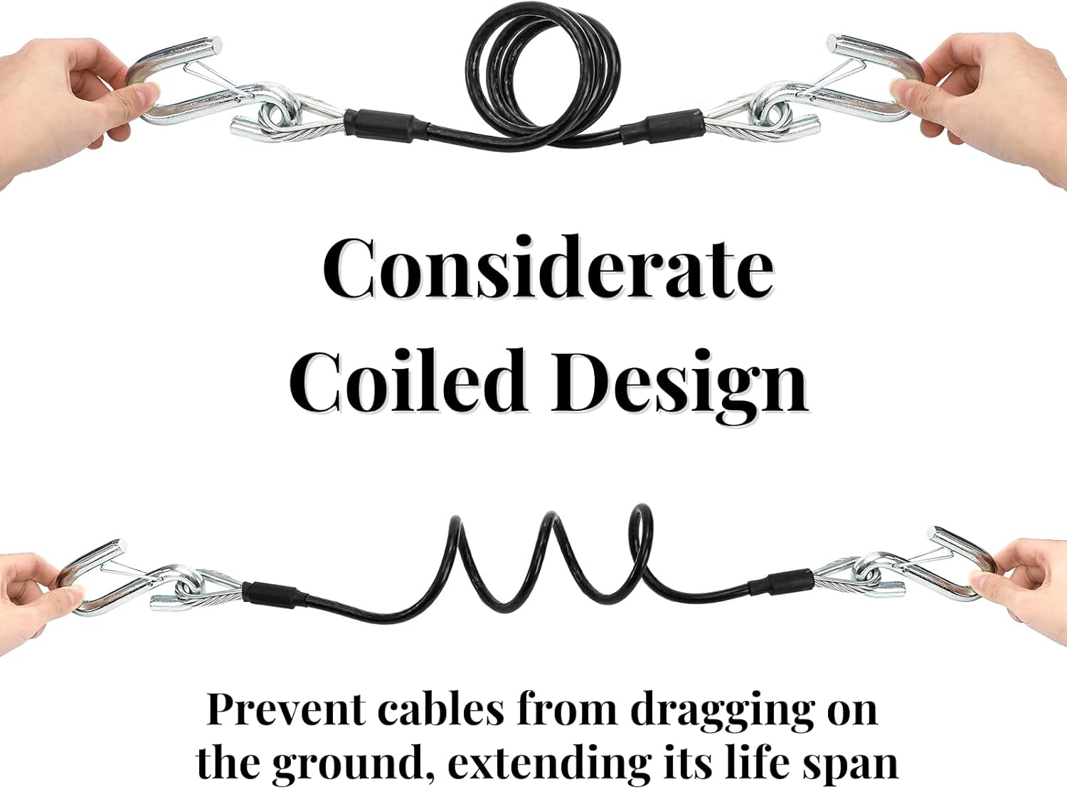 2 Packs 44-1/2'' Trailer Safety Cables, Vinyl-Coated Coiled Towing Chain, 7/16'' Snap Hooks with Latch for Boat, 5,000 lbs Break Strength