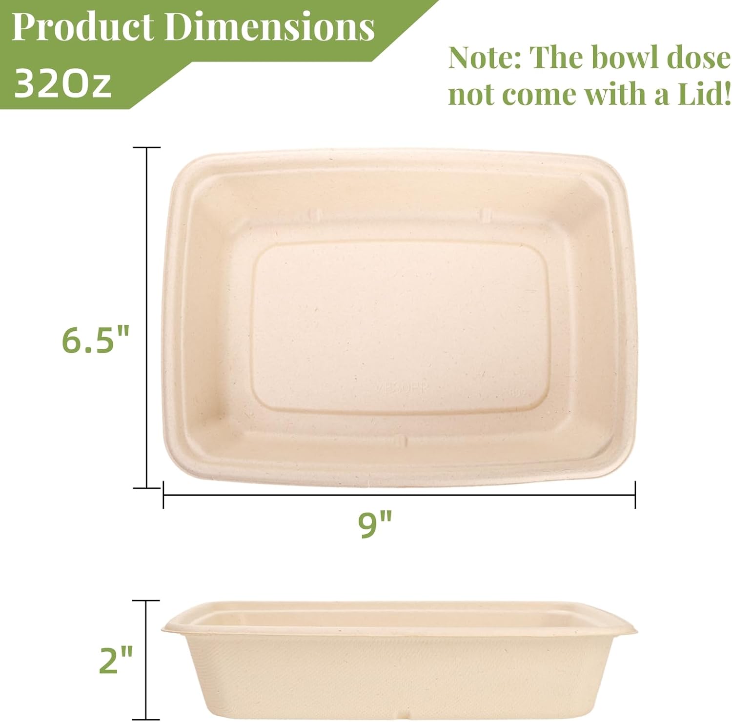 100 Pack 32 oz Rectangle Paper Bowls, 9" Disposable Large Salad Bowl, Microwavable Bagasse Lunch Plate for School, Heavy Duty Food Catering Container Burrito Baked Potato Taco Nacho Party