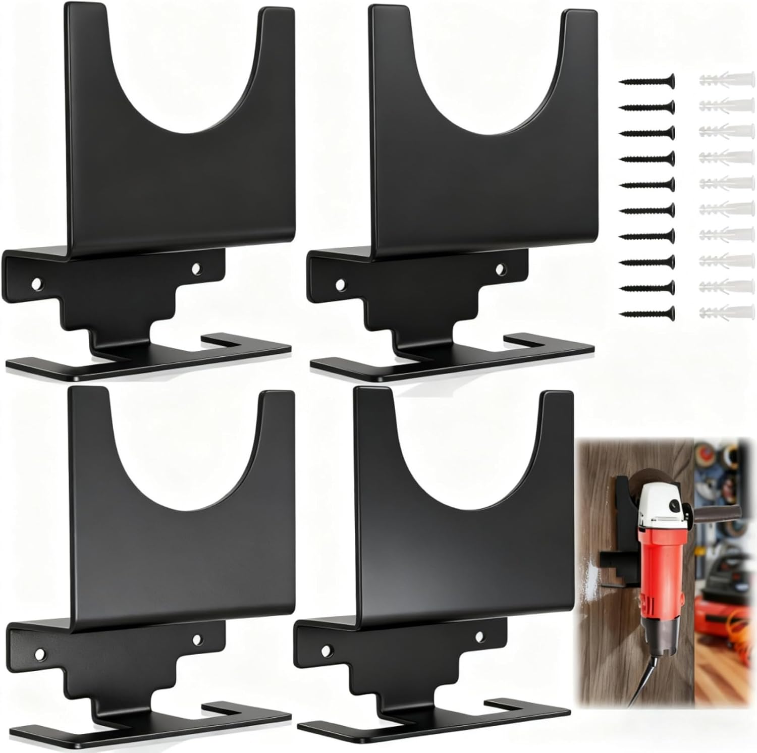 4 Pack Angle Grinder Holder, Wall Mount Bracket for 5 inch Grinder, Polisher Storage Rack Stand with Cord Hook, Garage Tool Hanger Grinders Impact Wrench Cutters Waxing Machines