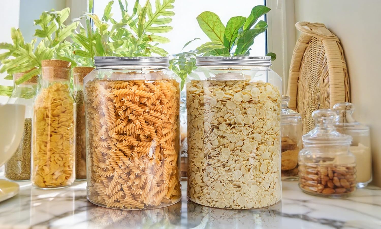 2 Pack 1 Gallon Extra Large Clear Plastic Jars, 118 OZ Food Storage Container with Lid, BPA Free Wide Mouth Jar, Reusable Airtight Mason Jug for Dry Goods, Candy, Fermenting, Pickling