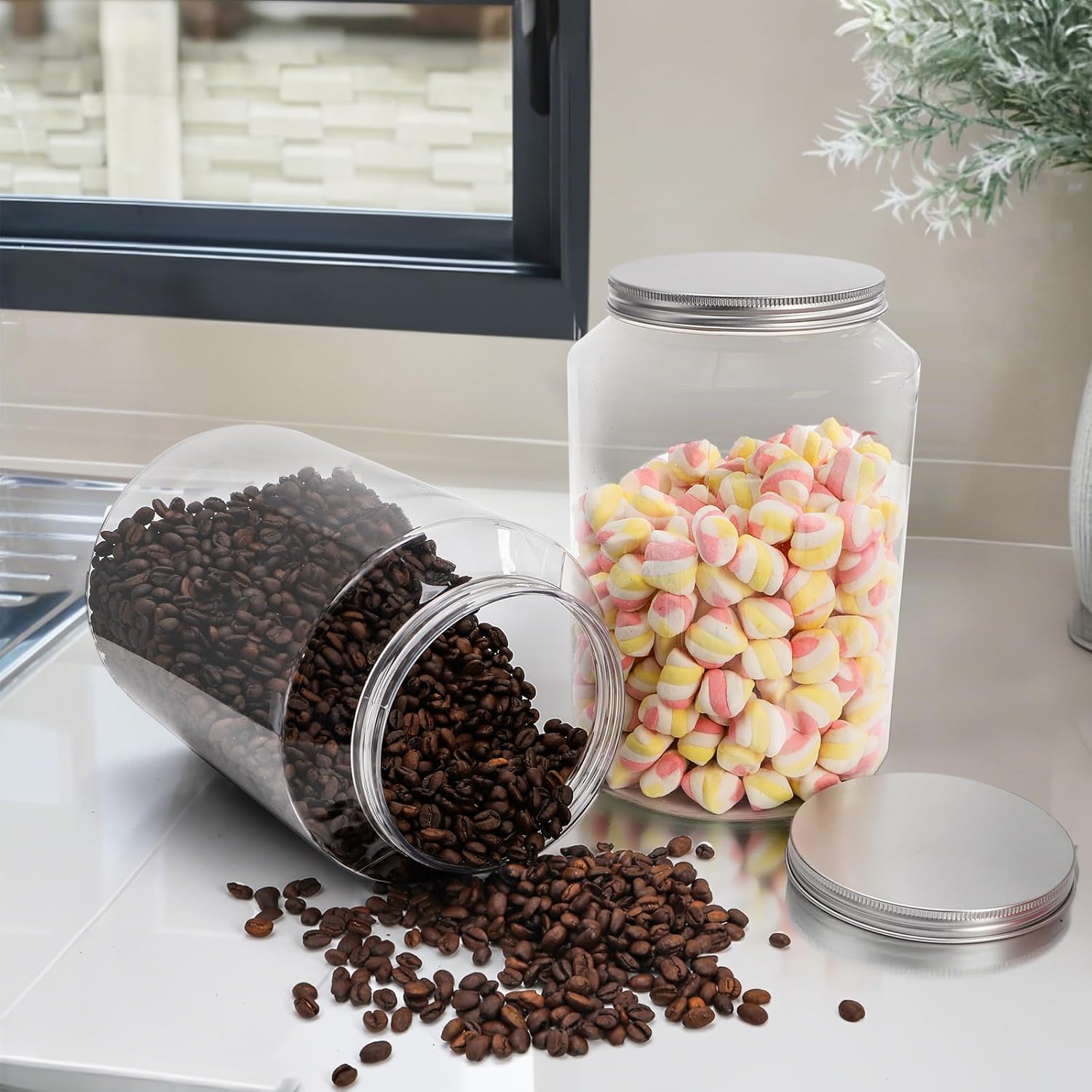 2 Pack 1 Gallon Extra Large Clear Plastic Jars, 118 OZ Food Storage Container with Lid, BPA Free Wide Mouth Jar, Reusable Airtight Mason Jug for Dry Goods, Candy, Fermenting, Pickling