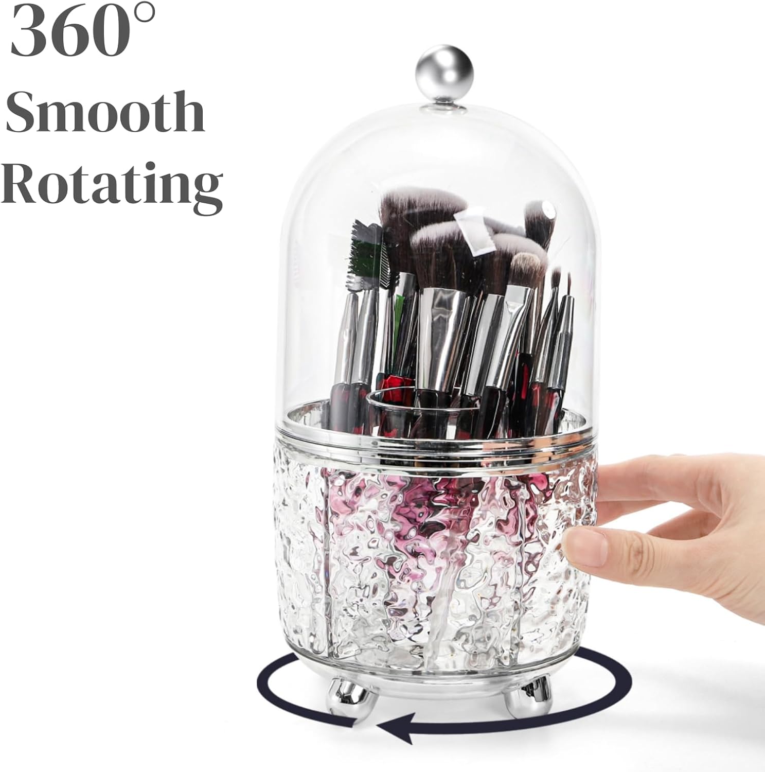 Rotating Makeup Brush Holder, Dustproof Cosmetic Tools Organizer with Lid, 360° Spinning Covered Brushes Storage Anti-slip Pads for Vanity, Bathroom Countertop & Bedside Table, Clear