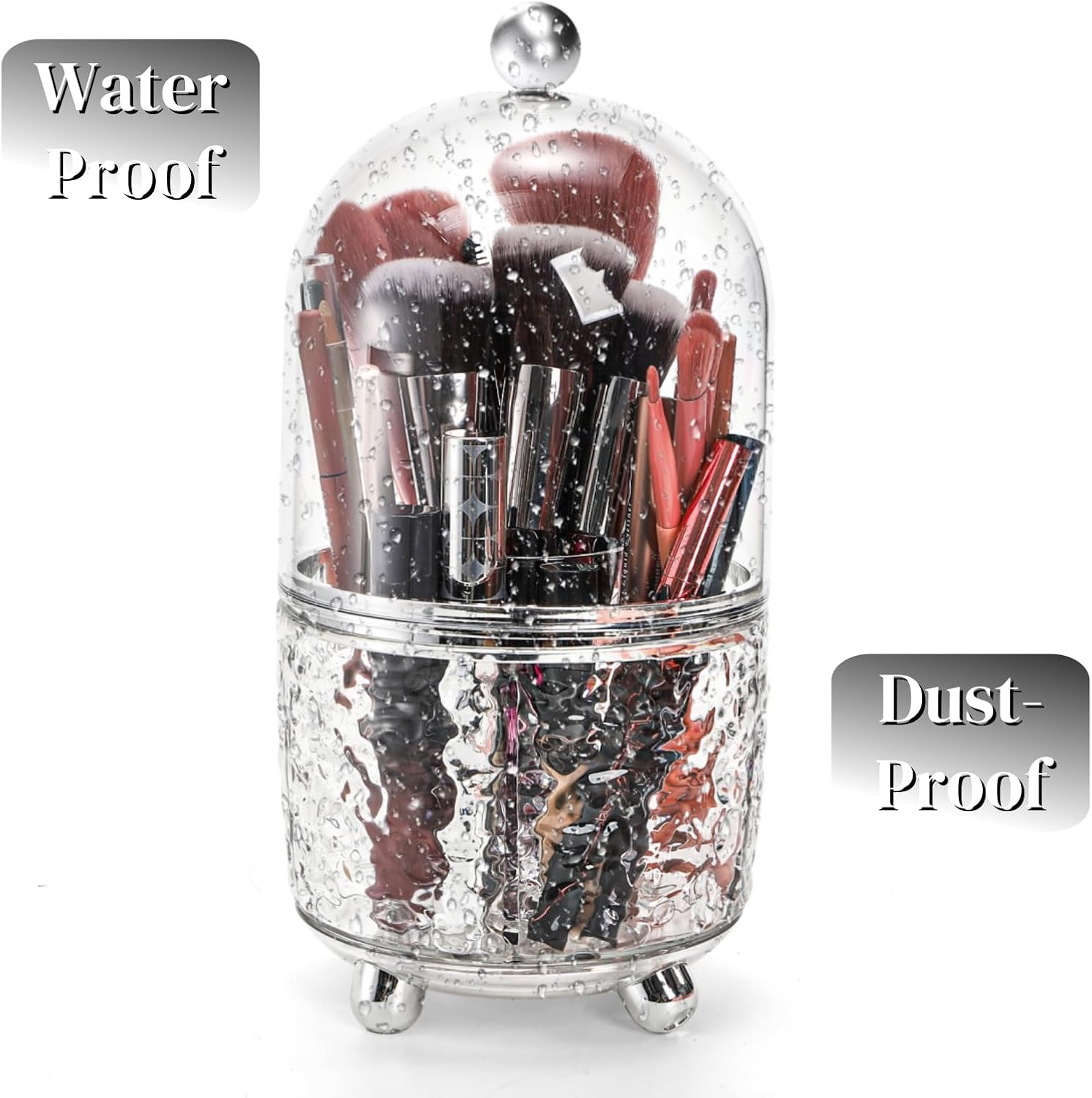 Rotating Makeup Brush Holder, Dustproof Cosmetic Tools Organizer with Lid, 360° Spinning Covered Brushes Storage Anti-slip Pads for Vanity, Bathroom Countertop & Bedside Table, Clear