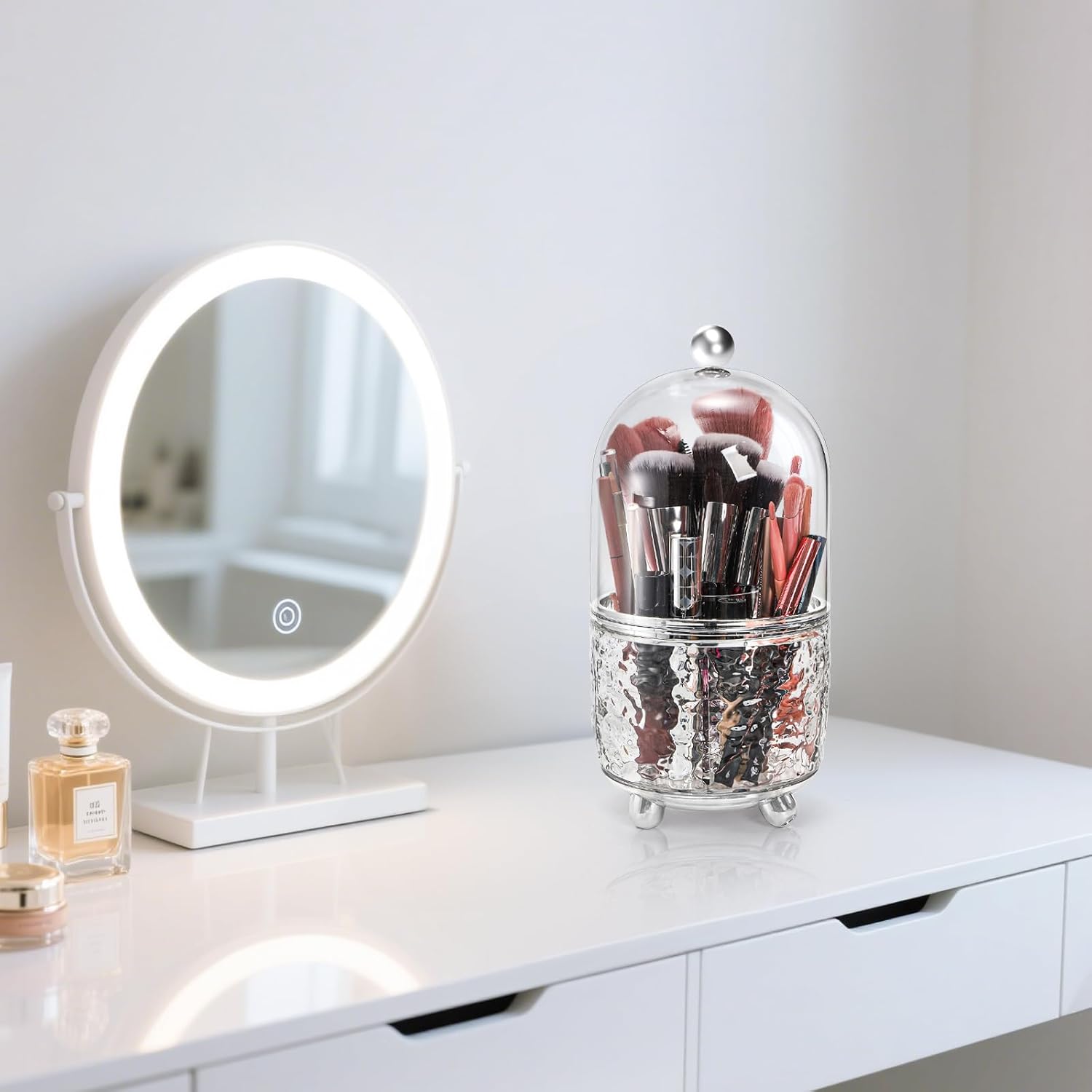 Rotating Makeup Brush Holder, Dustproof Cosmetic Tools Organizer with Lid, 360° Spinning Covered Brushes Storage Anti-slip Pads for Vanity, Bathroom Countertop & Bedside Table, Clear