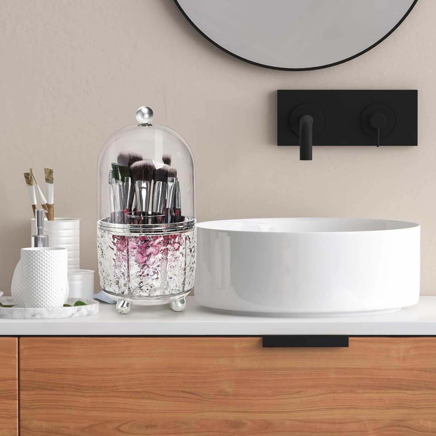 Rotating Makeup Brush Holder, Dustproof Cosmetic Tools Organizer with Lid, 360° Spinning Covered Brushes Storage Anti-slip Pads for Vanity, Bathroom Countertop & Bedside Table, Clear
