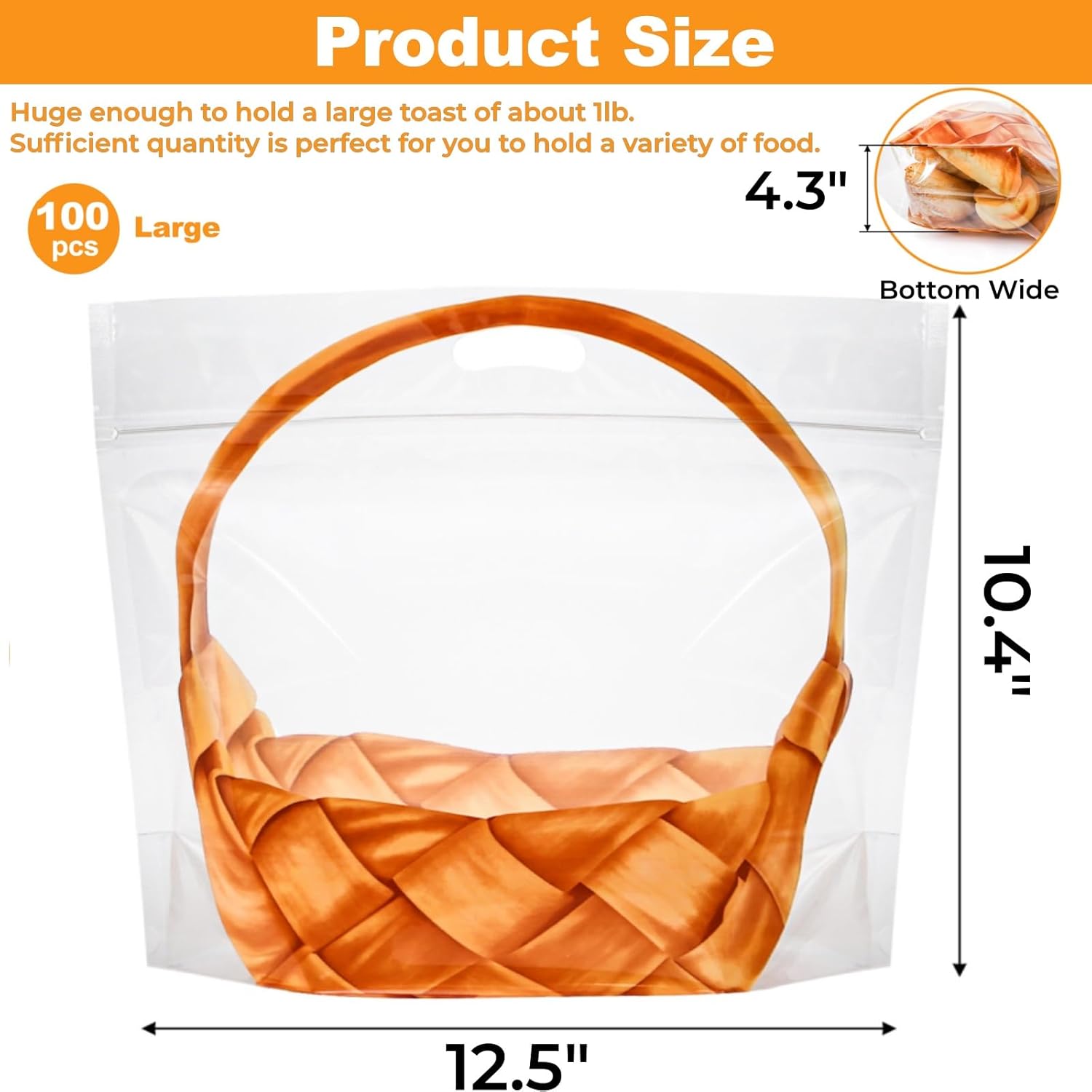 100 Pack Clear Plastic Bread Bags with Handle, 12.5 x 10.4 Inch Large Zipper Toast Bag, Portable Loaf Sealing Basket Pattern, Sourdough Packaging Organizer for Cookie Bakery