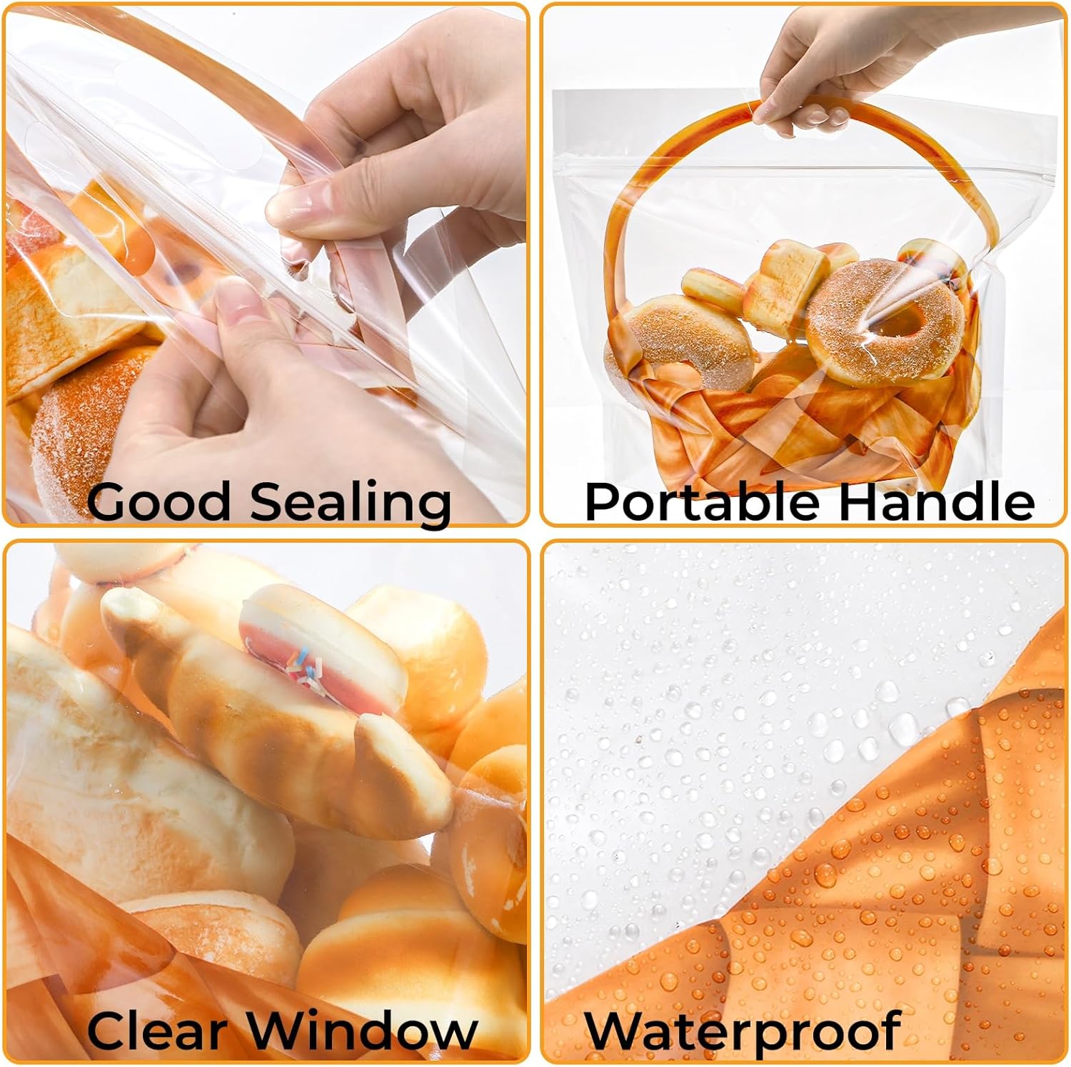 100 Pack Clear Plastic Bread Bags with Handle, 12.5 x 10.4 Inch Large Zipper Toast Bag, Portable Loaf Sealing Basket Pattern, Sourdough Packaging Organizer for Cookie Bakery