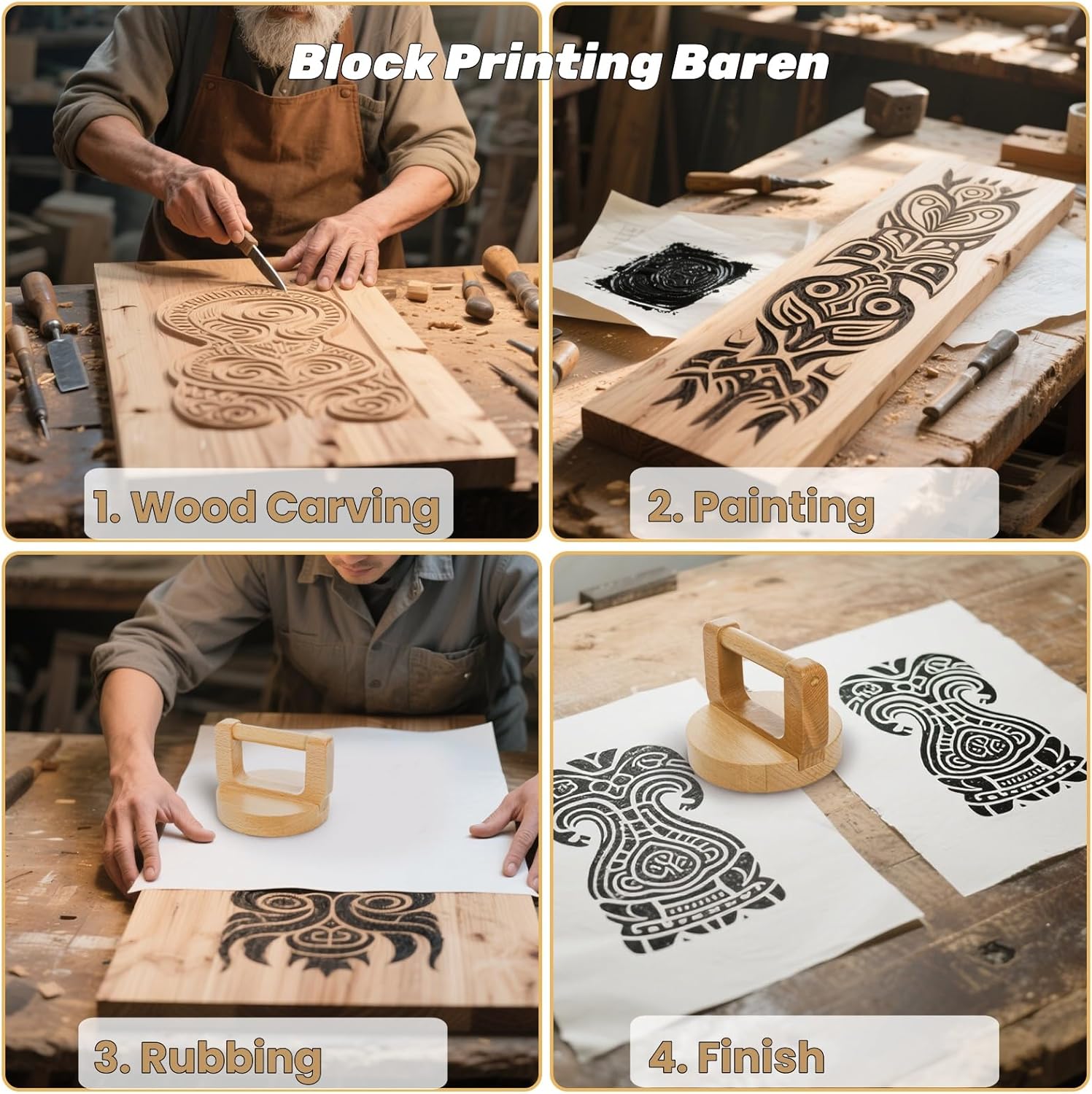 2 Pack Block Printing Baren, 4 Inch Wood Barens for Printmaking, Hand Press Tool with Ergonomic Handle Linocut, Crafting, Scrapbooking, Ink, Stamping
