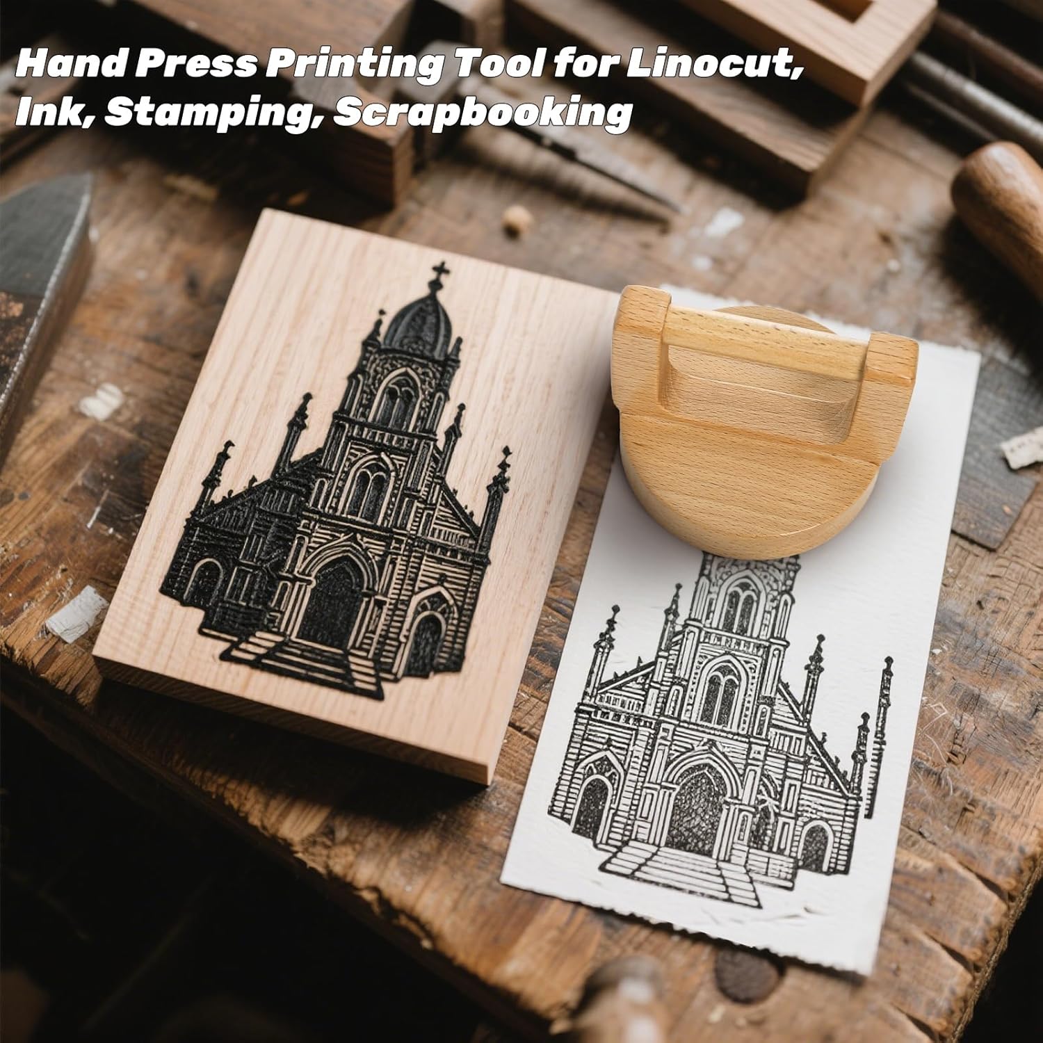 2 Pack Block Printing Baren, 4 Inch Wood Barens for Printmaking, Hand Press Tool with Ergonomic Handle Linocut, Crafting, Scrapbooking, Ink, Stamping